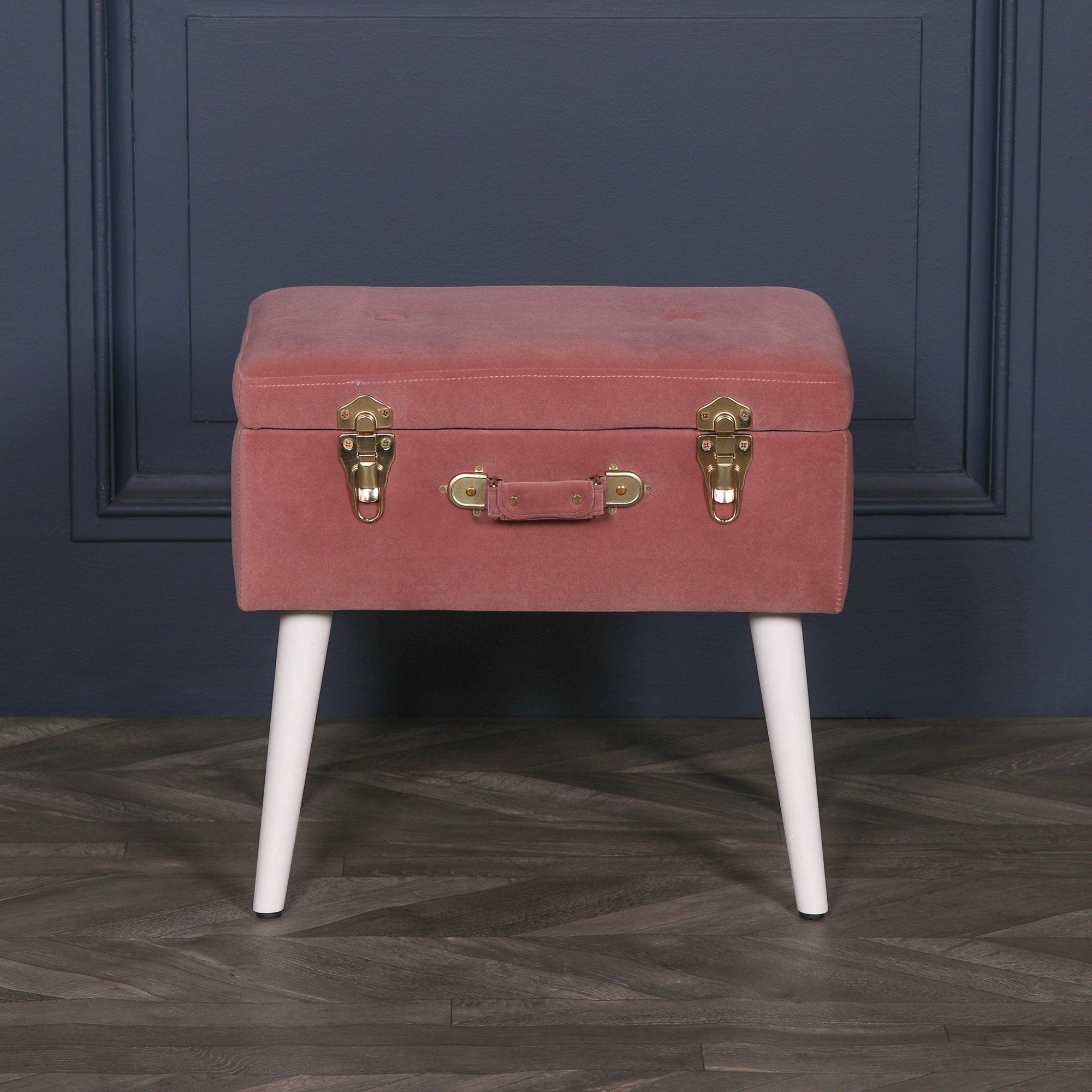 Art Deco Style Pink Velvet Suitcase Stool with White Legs