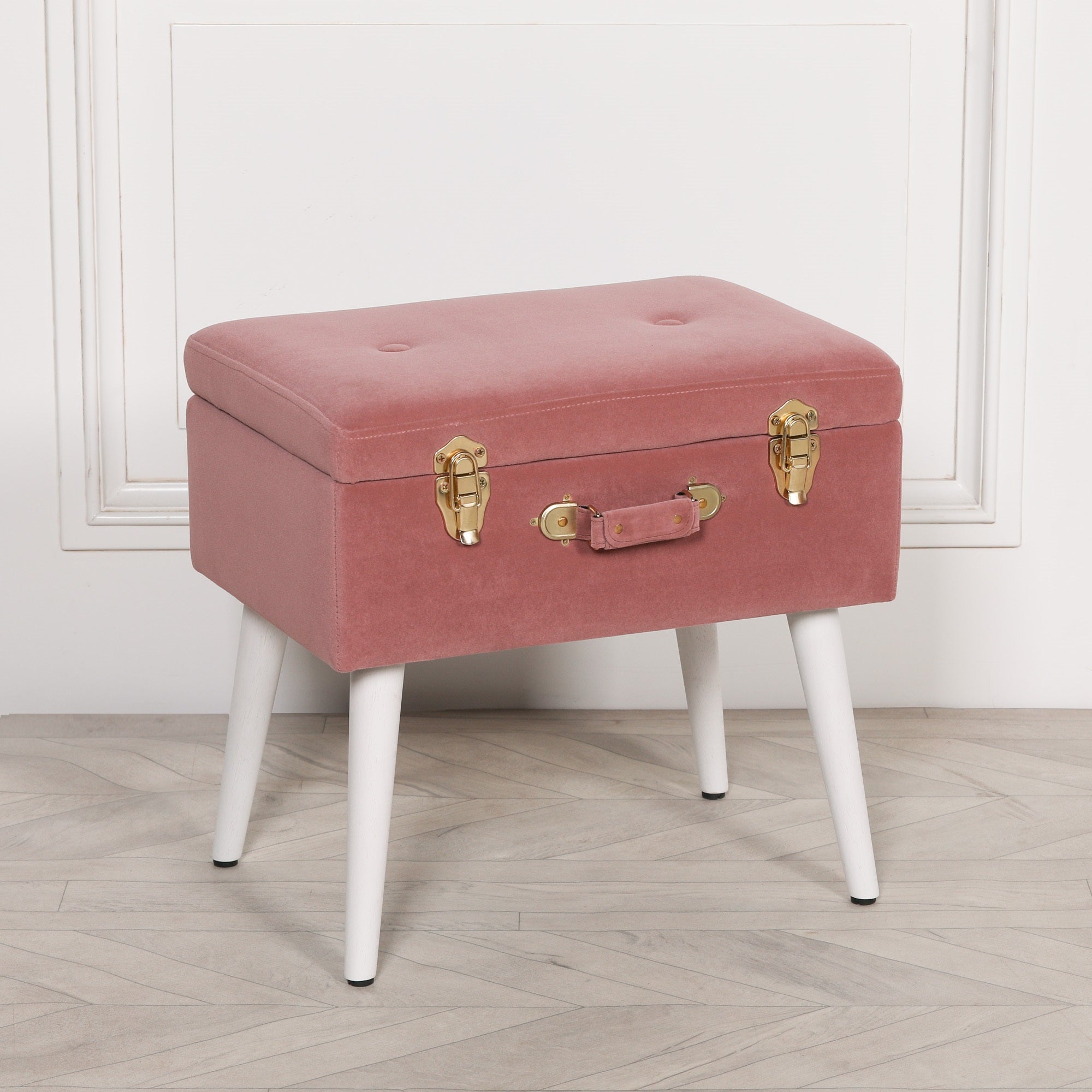 Art Deco Style Pink Velvet Suitcase Stool with White Legs