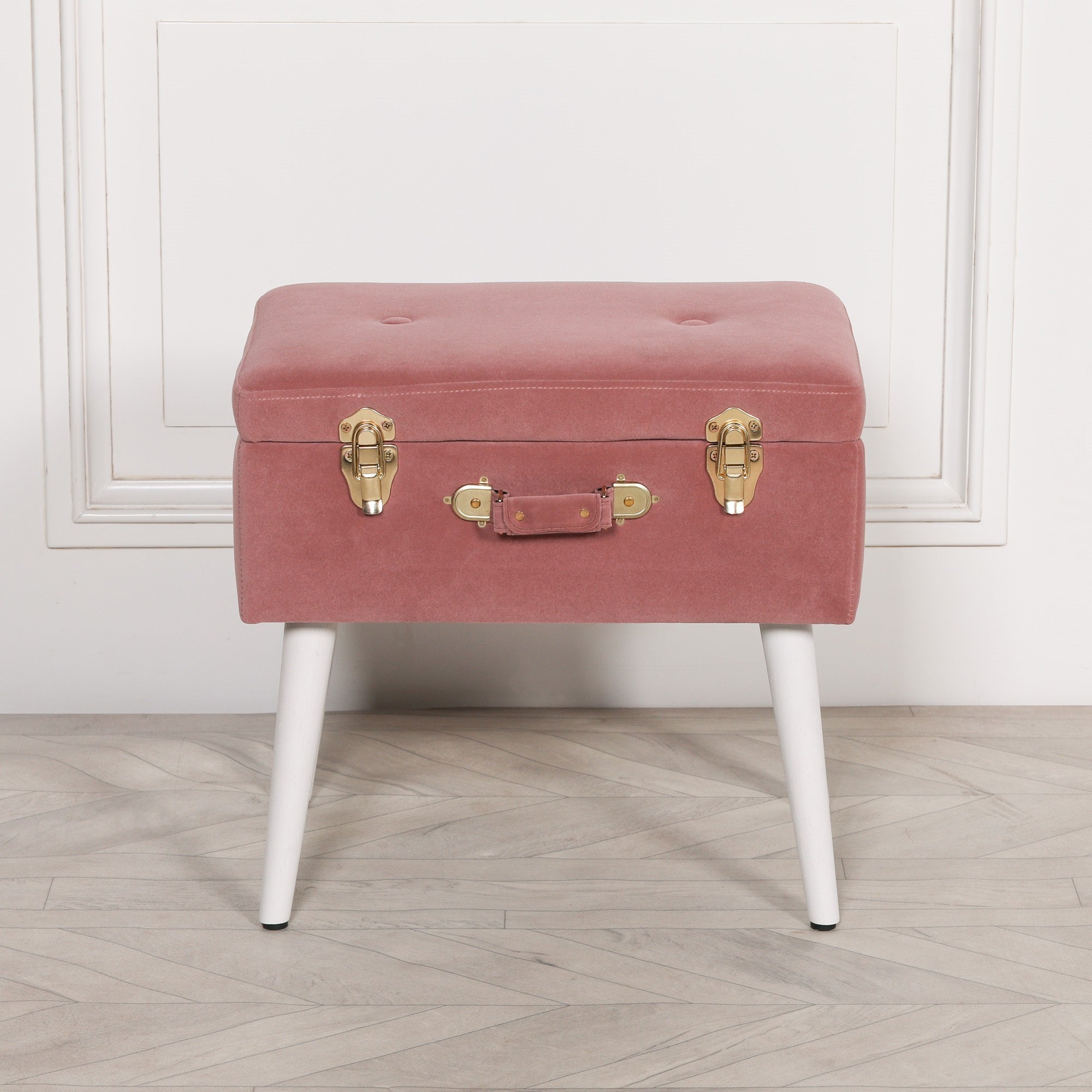 Art Deco Style Pink Velvet Suitcase Stool with White Legs