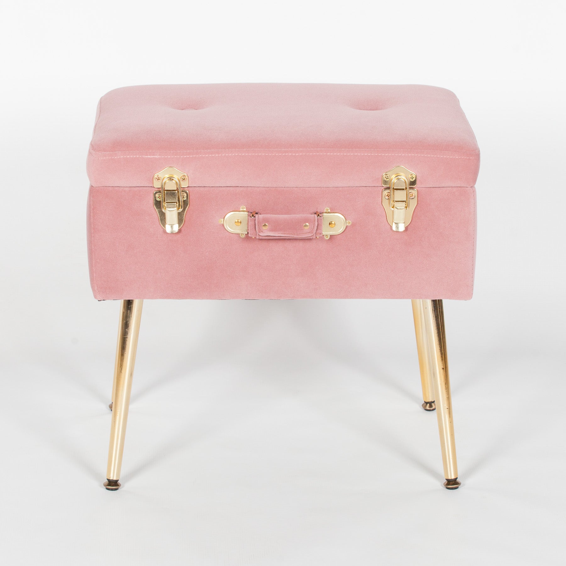 Art Deco Style Pink Velvet Suitcase Stool with Gold Legs