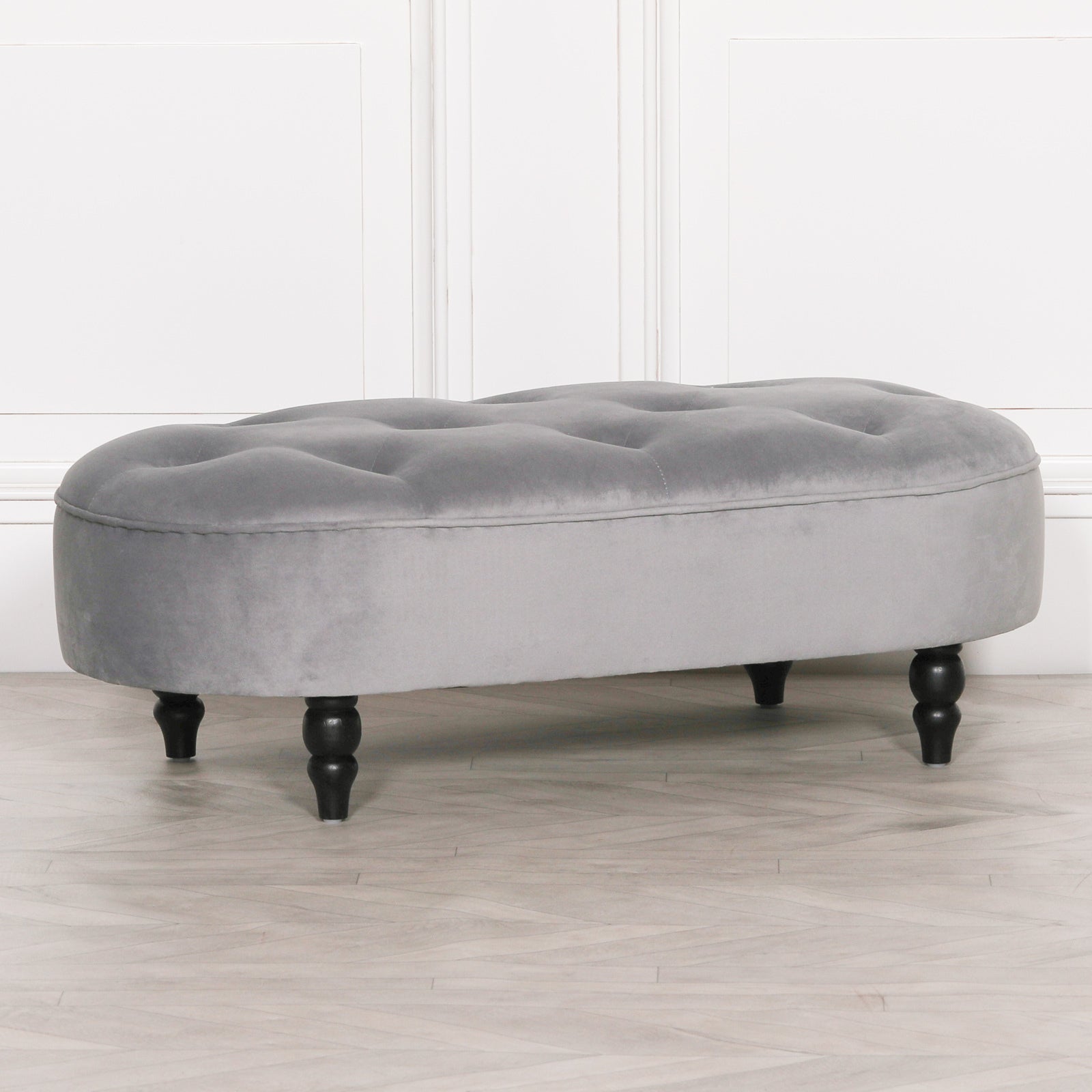 Art Deco Style Grey Velvet Bench with Wooden Legs