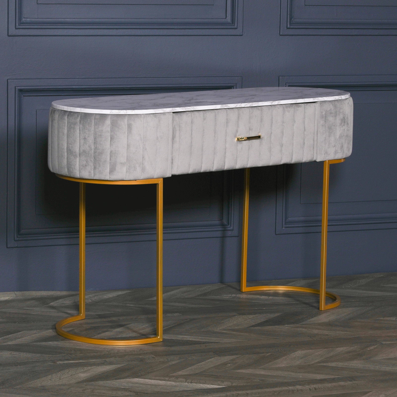 Art Deco Style Grey Upholstered Dressing Table with Gold Frame