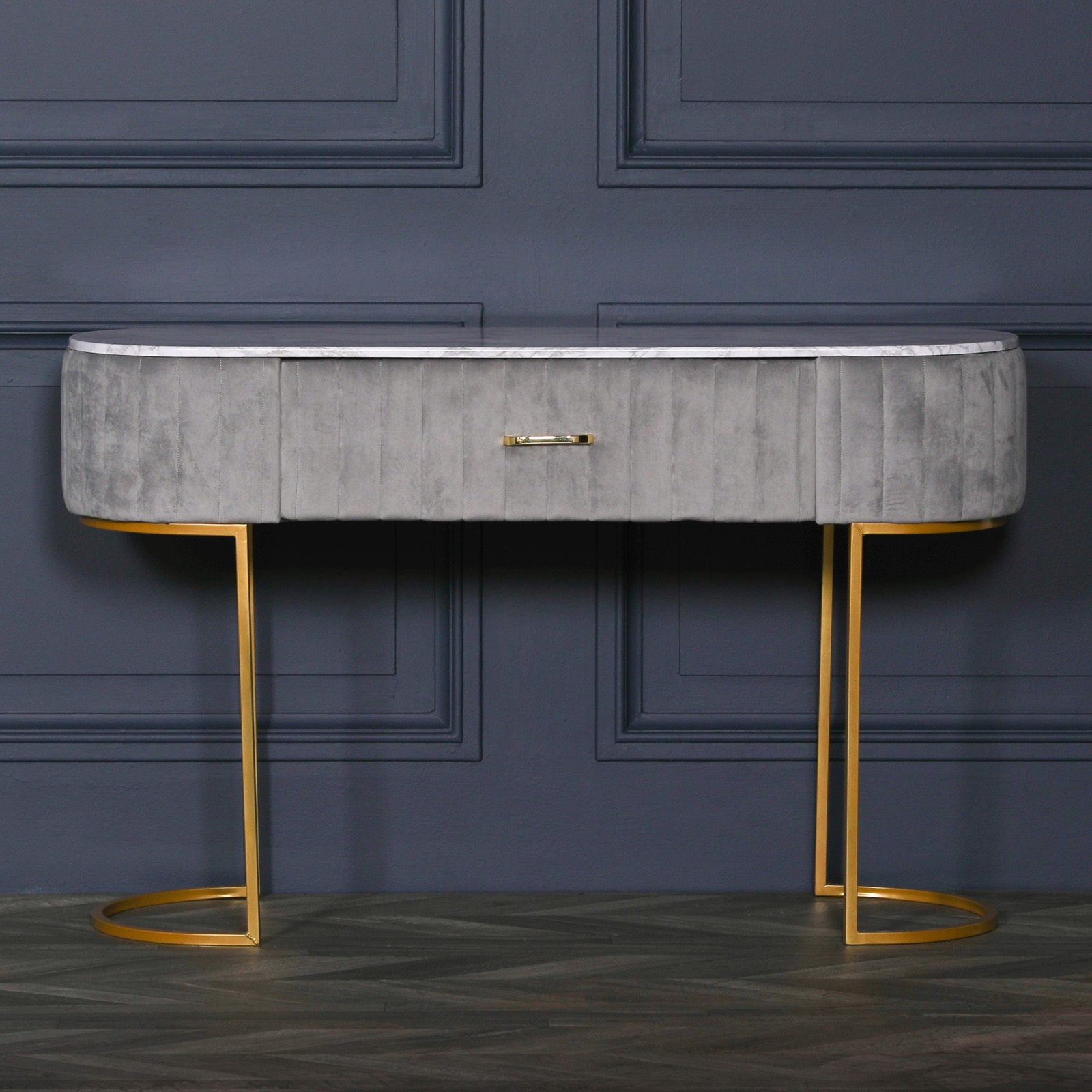 Art Deco Style Grey Upholstered Dressing Table with Gold Frame