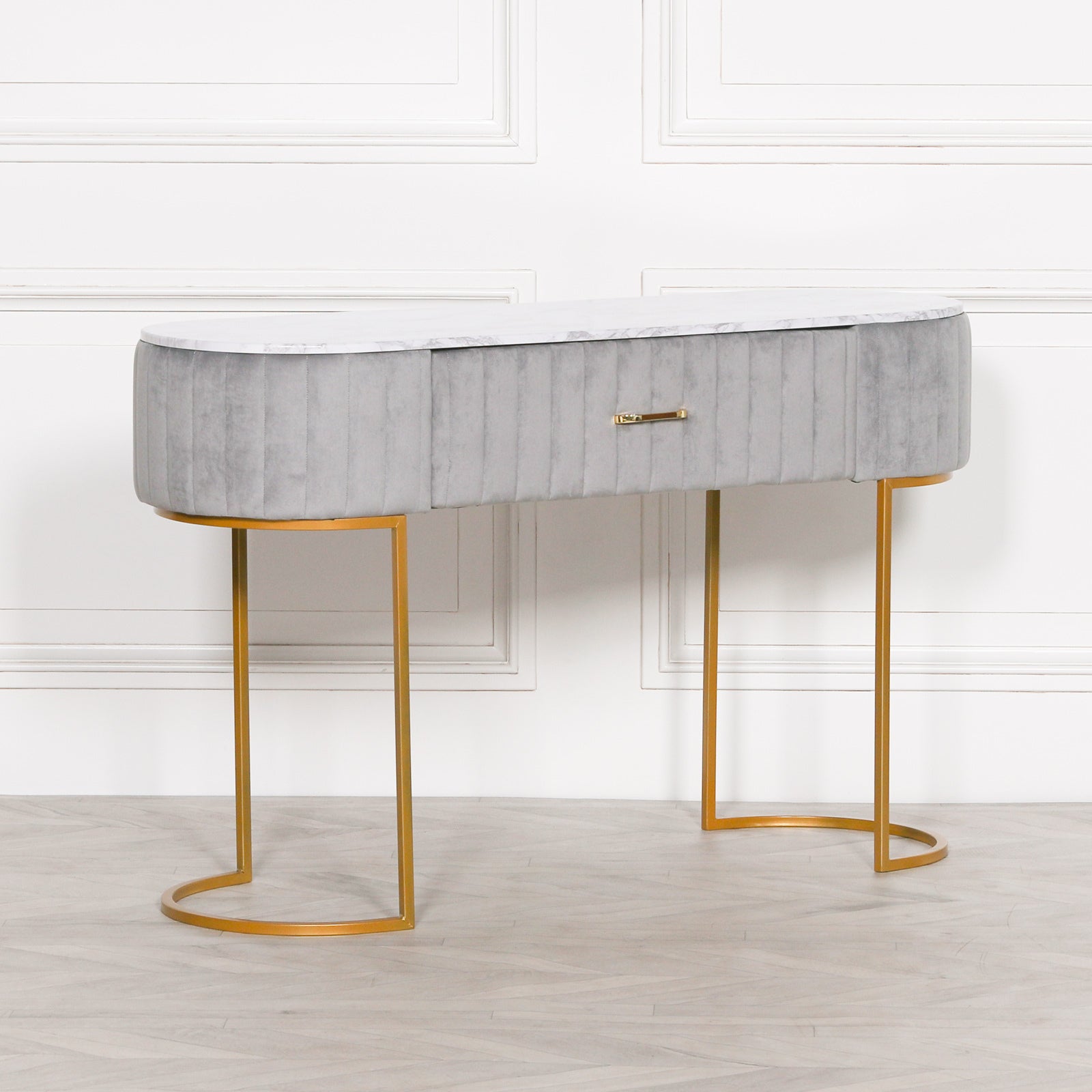 Art Deco Style Grey Upholstered Dressing Table with Gold Frame