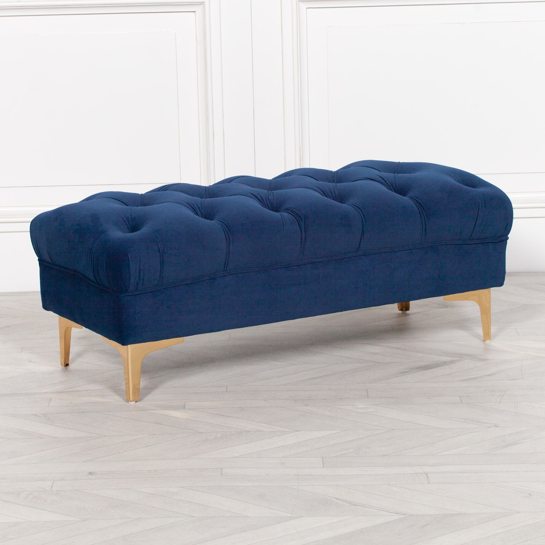 Blue Velvet Ottoman Stool with Chesterfield Style Buttoning