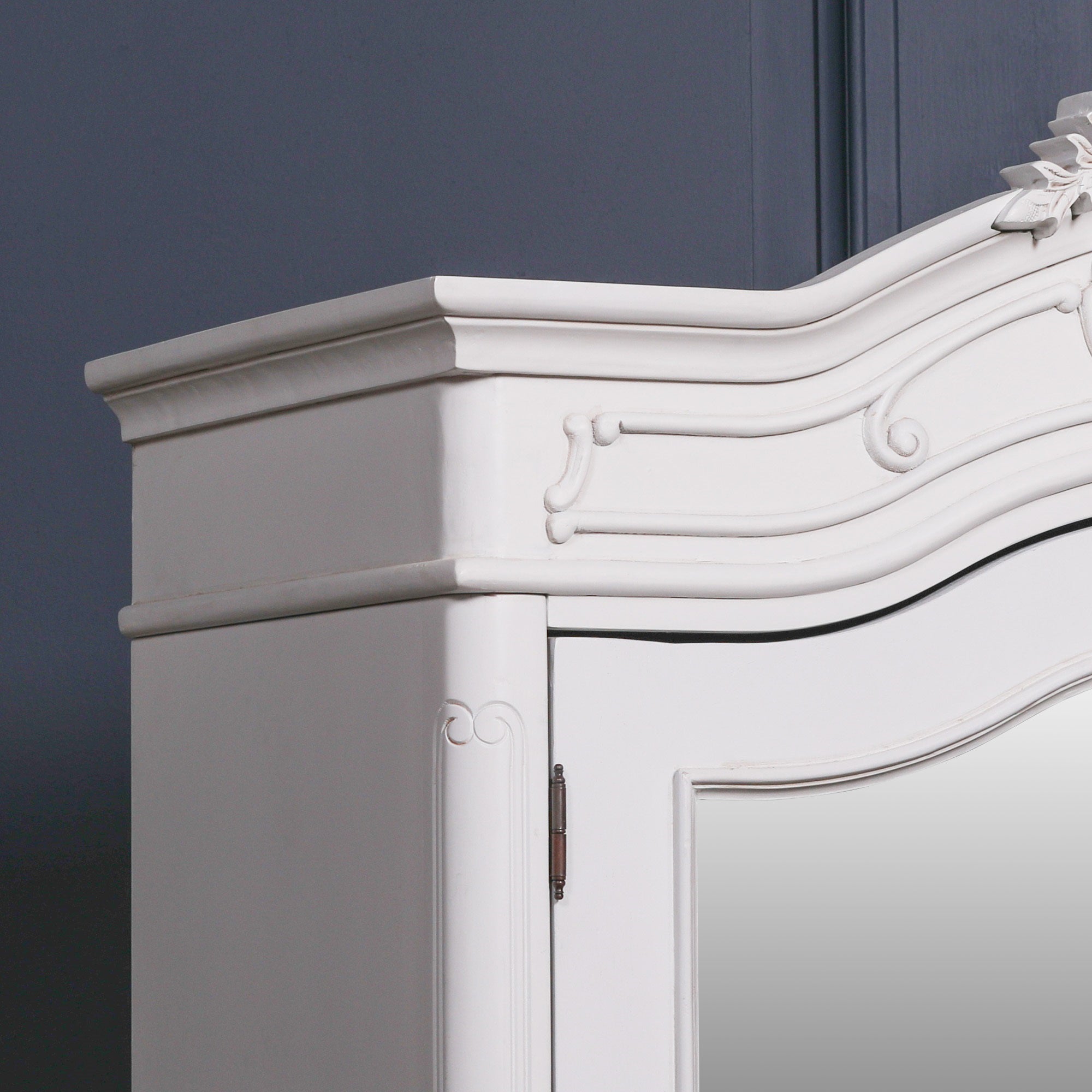 French Style Carved Mahogany Wood Double Door Full Mirrored Armoire in White