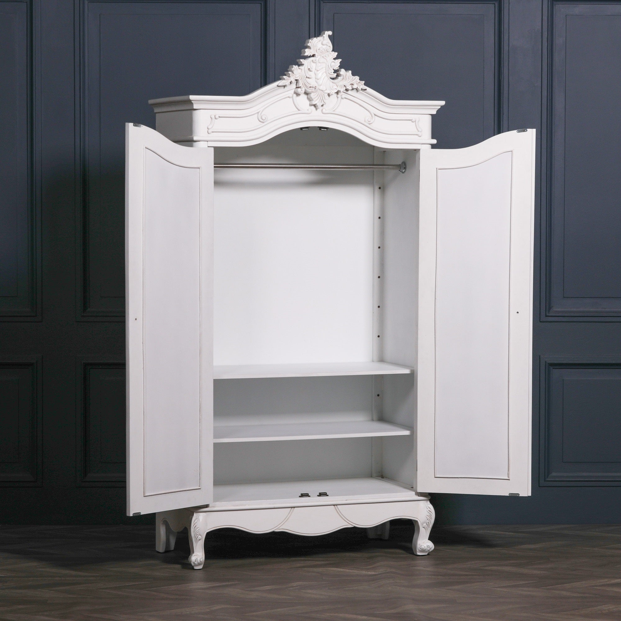 French Style Carved Mahogany Wood Double Door Full Mirrored Armoire in White