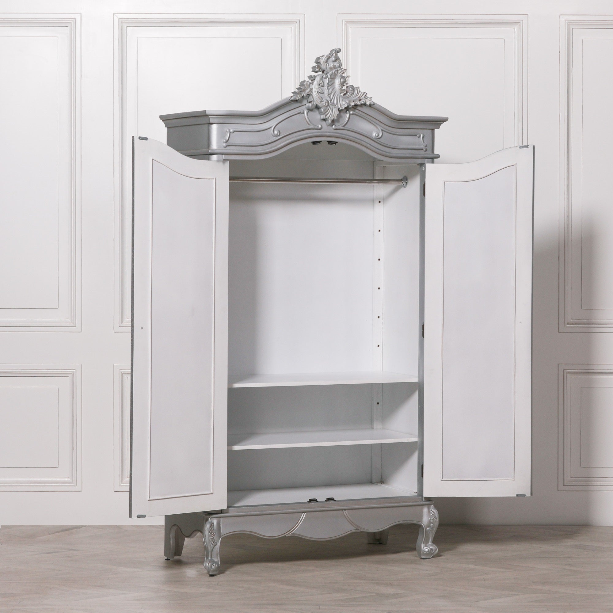 French Painted Antique Carved Double Full Mirrored Armoire
