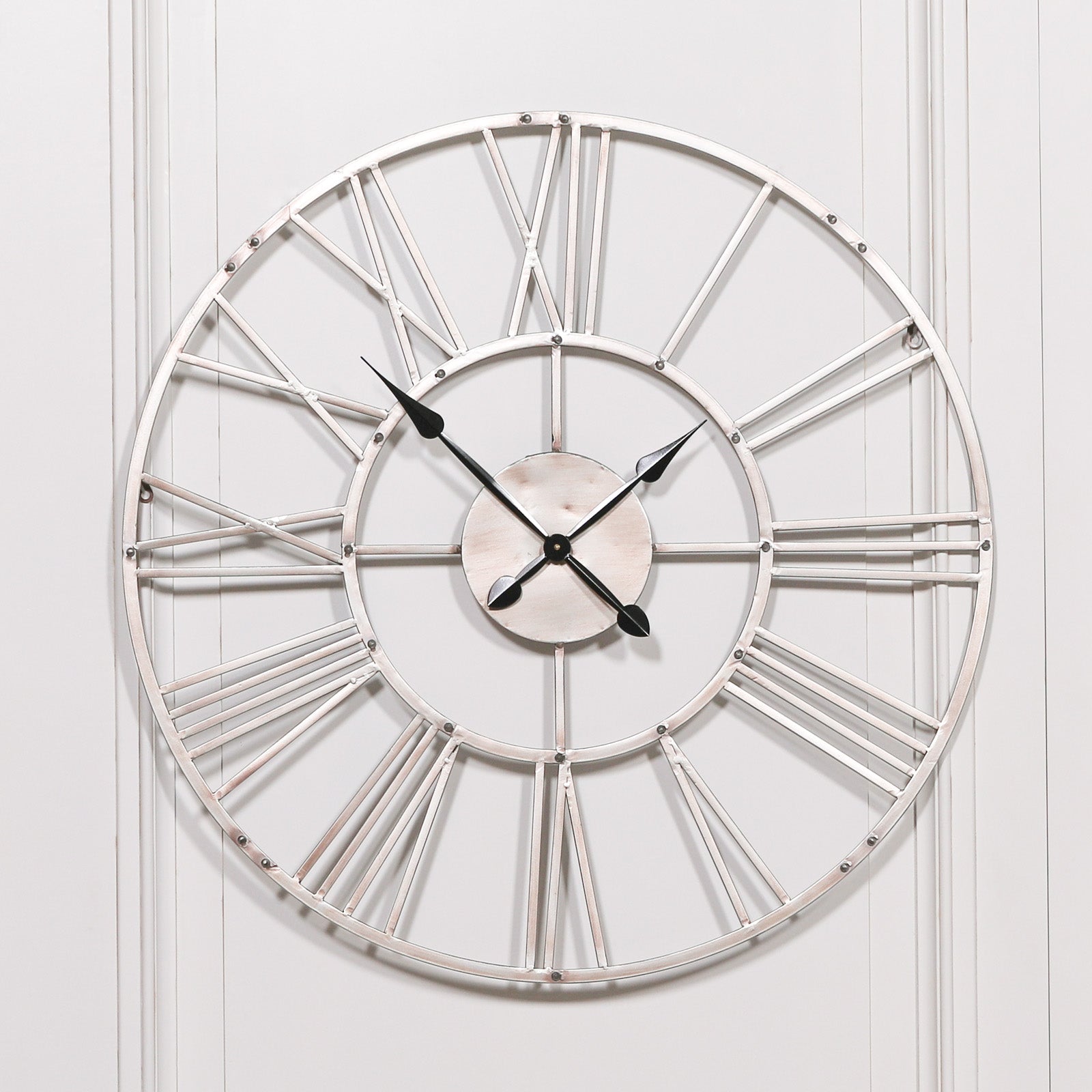 Large 92cm Vintage Silver Roman Numeral Metal Wall Clock