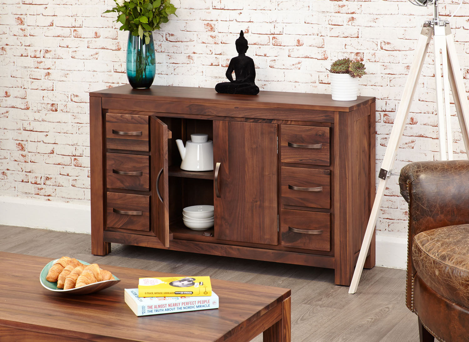 Mayan Walnut Six Drawer Sideboard