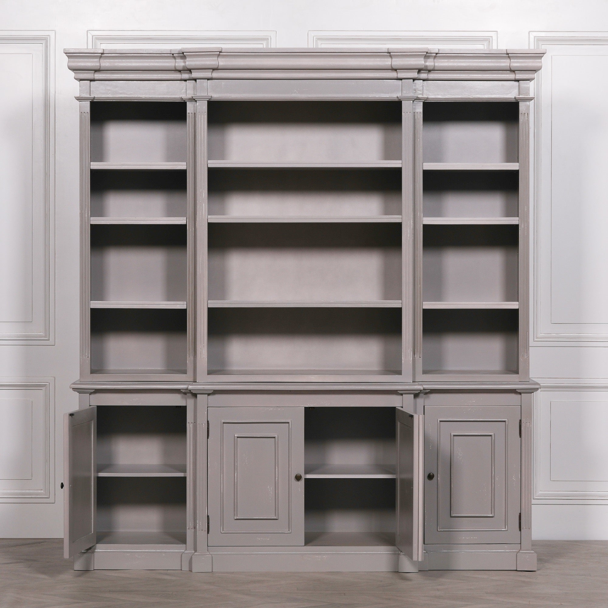 Large Distressed Paint Style Bookcase Breakfront Display Cabinet