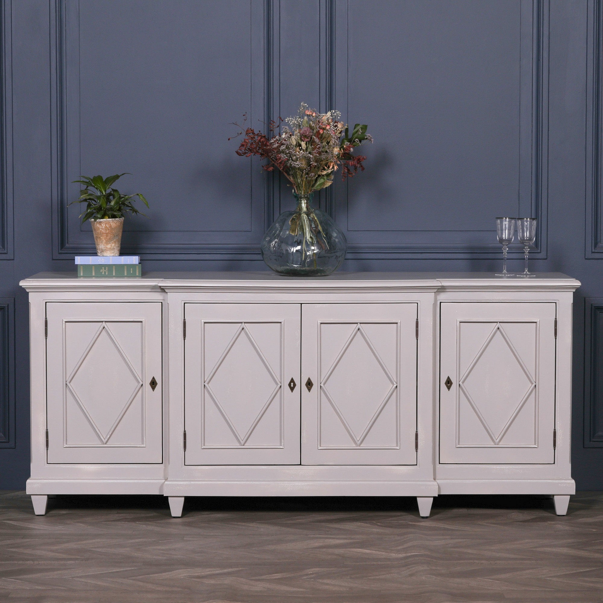 Large 206cm Retro Style Distressed Grey Colour Wooden Sideboard