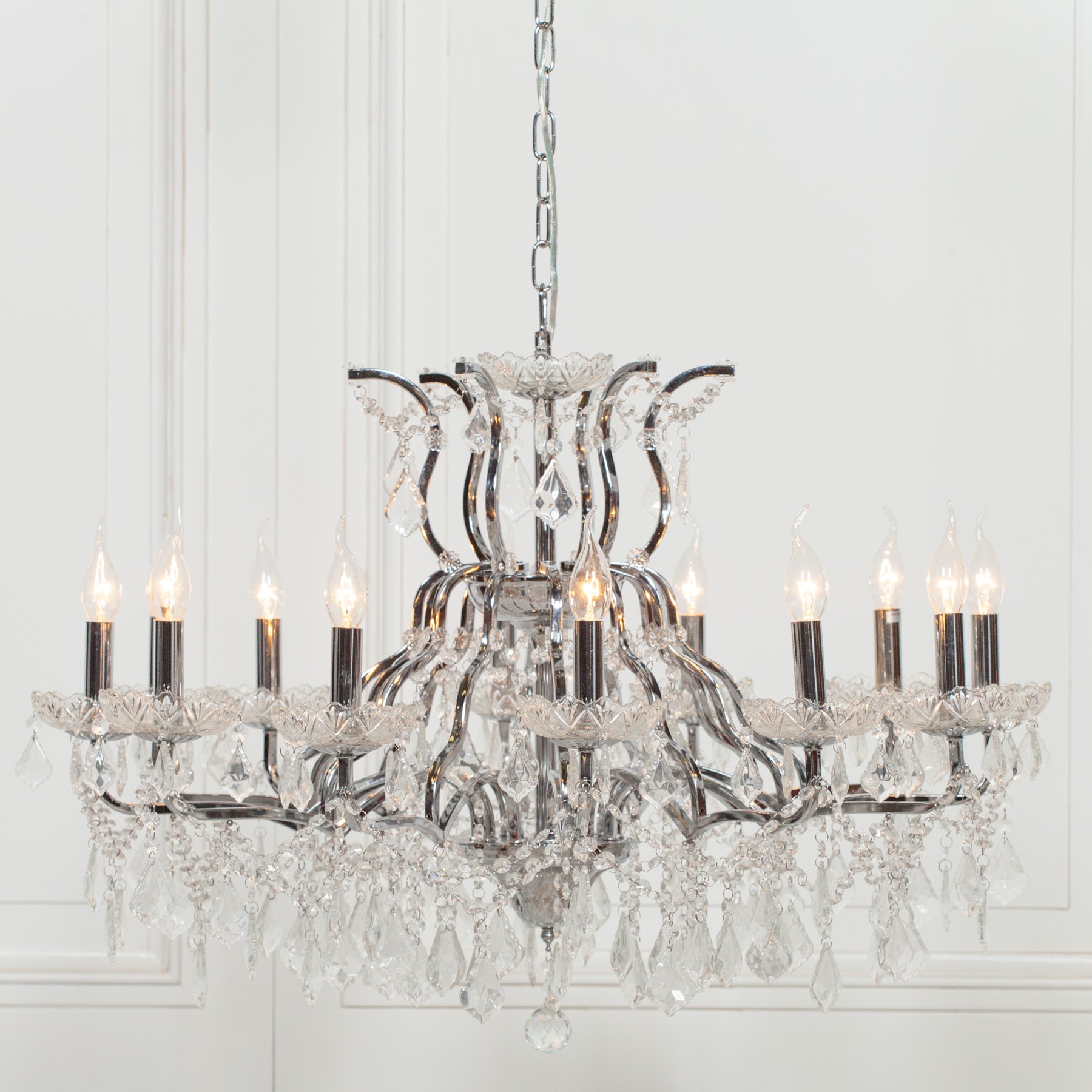 Chrome Colour Large 12 Arm French Style Shallow Cut Glass Chandelier
