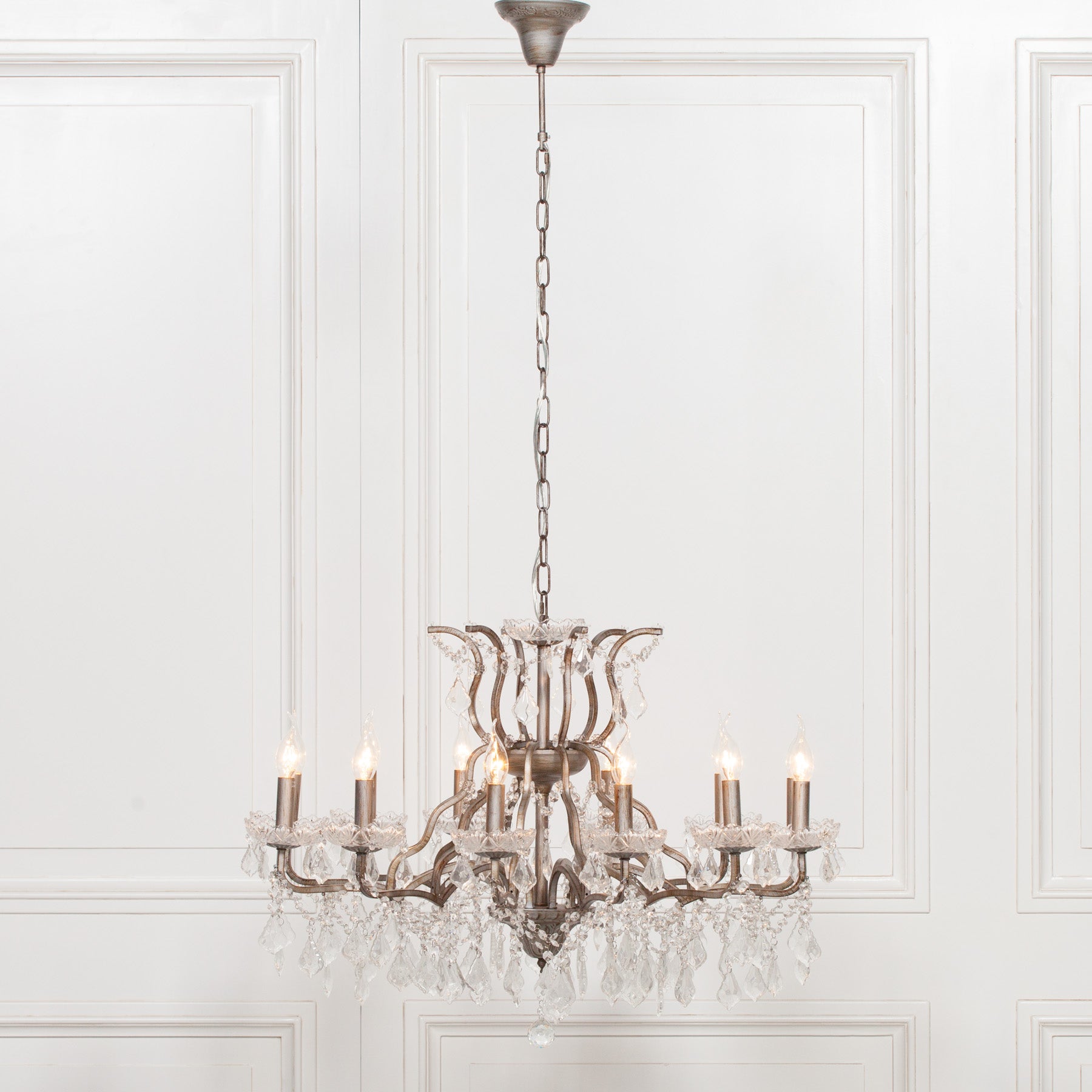 Antique Silver Colour Large 12 Arm French Style Shallow Cut Glass Chandelier