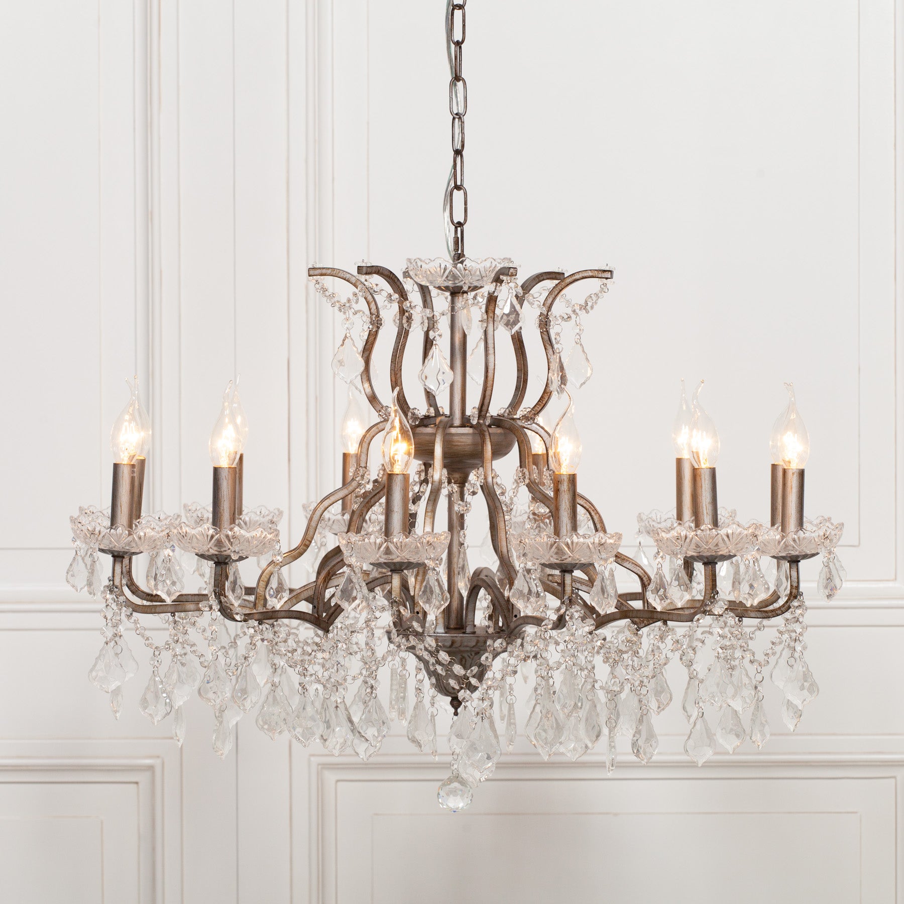 Antique Silver Colour Large 12 Arm French Style Shallow Cut Glass Chandelier