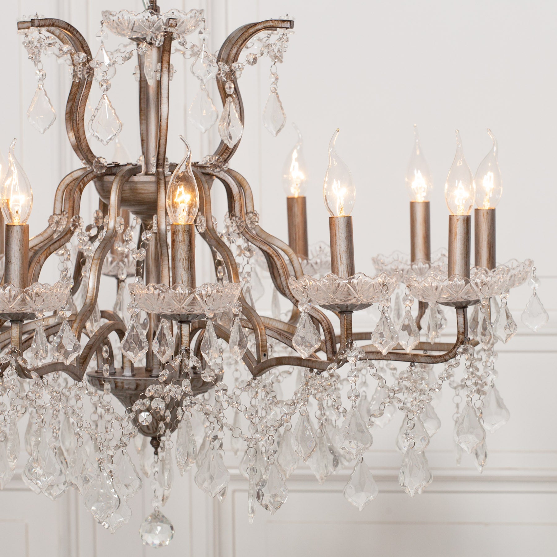 Antique Silver Colour Large 12 Arm French Style Shallow Cut Glass Chandelier
