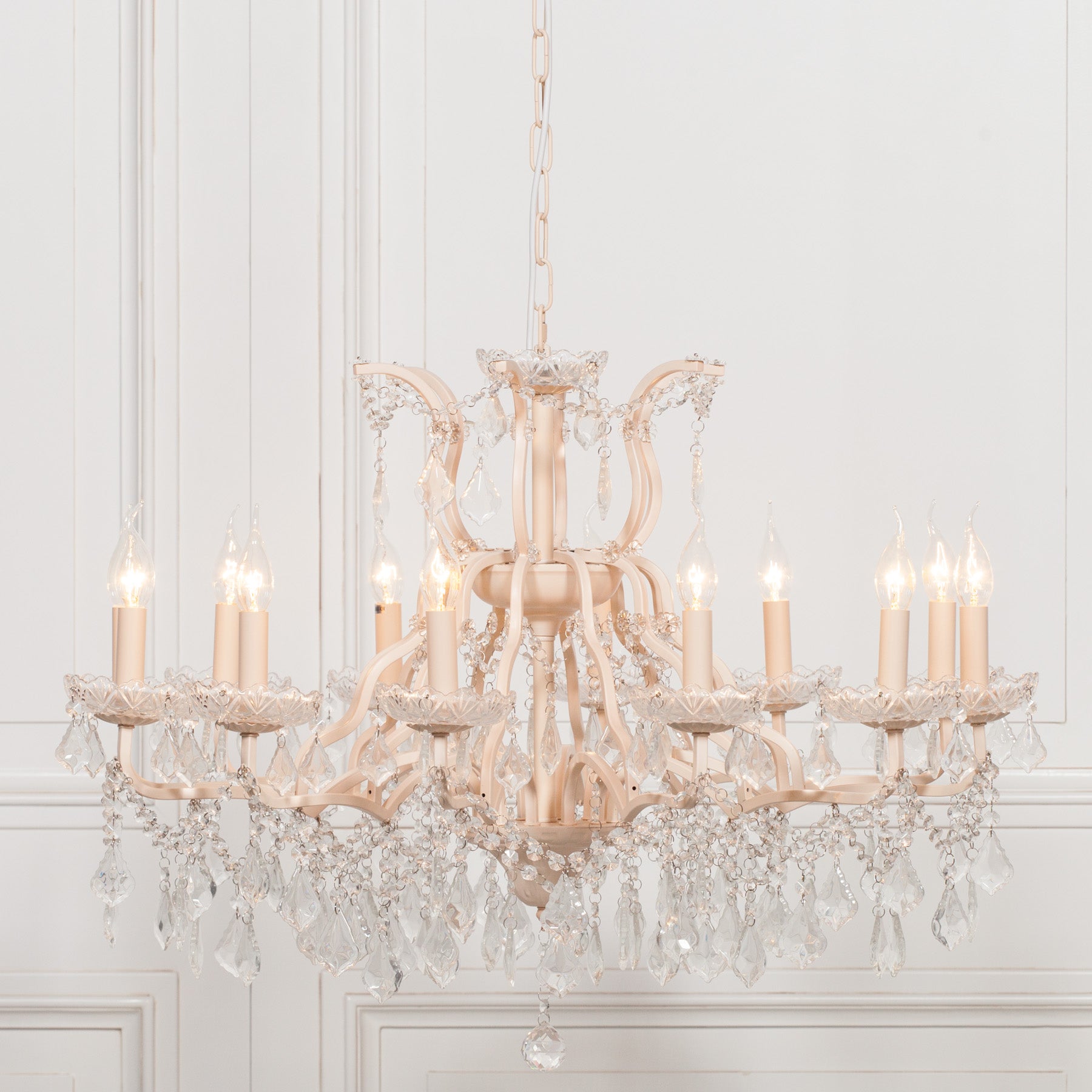 Peachy Cream Colour Large 12 Arm French Style Shallow Cut Glass Chandelier