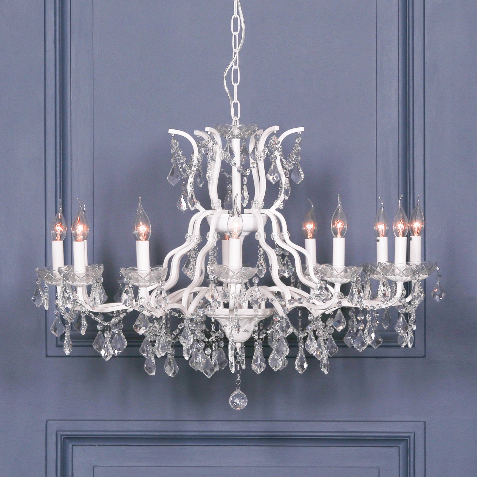 Shabby White Colour Large 12 Arm French Style Shallow Cut Glass Chandelier