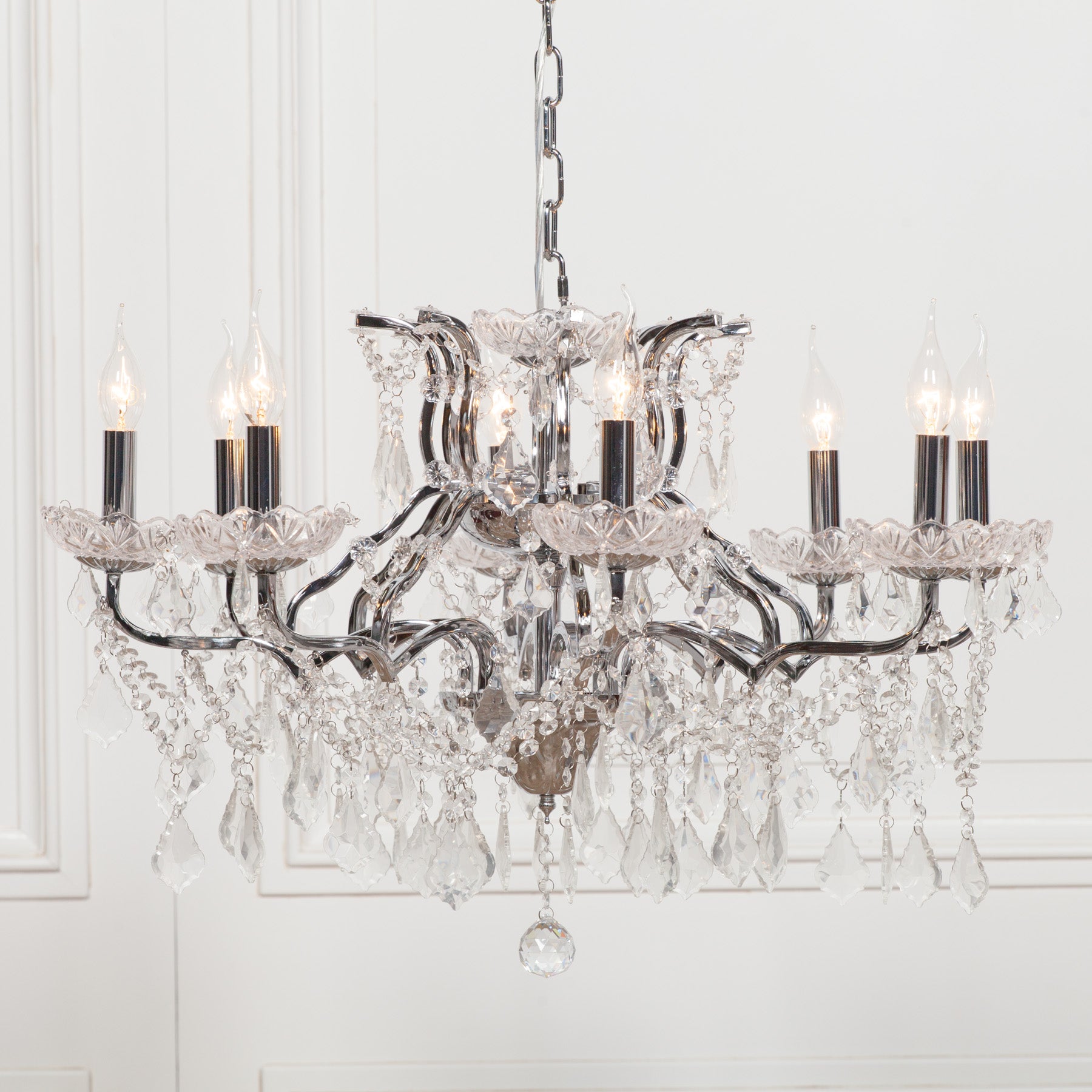 Chrome Colour Large 8 Arm French Style Shallow Cut Glass Chandelier