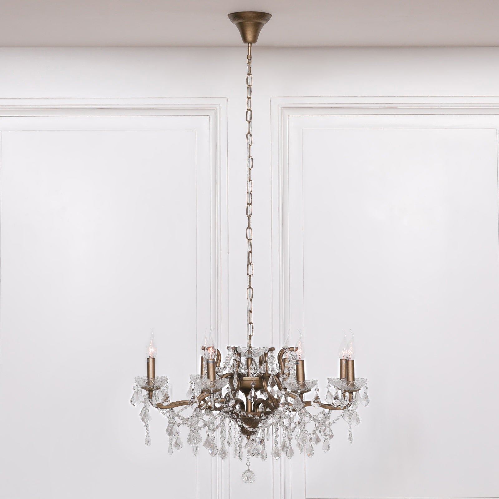 Antique Gold Colour Large 8 Arm French Style Shallow Cut Glass Chandelier