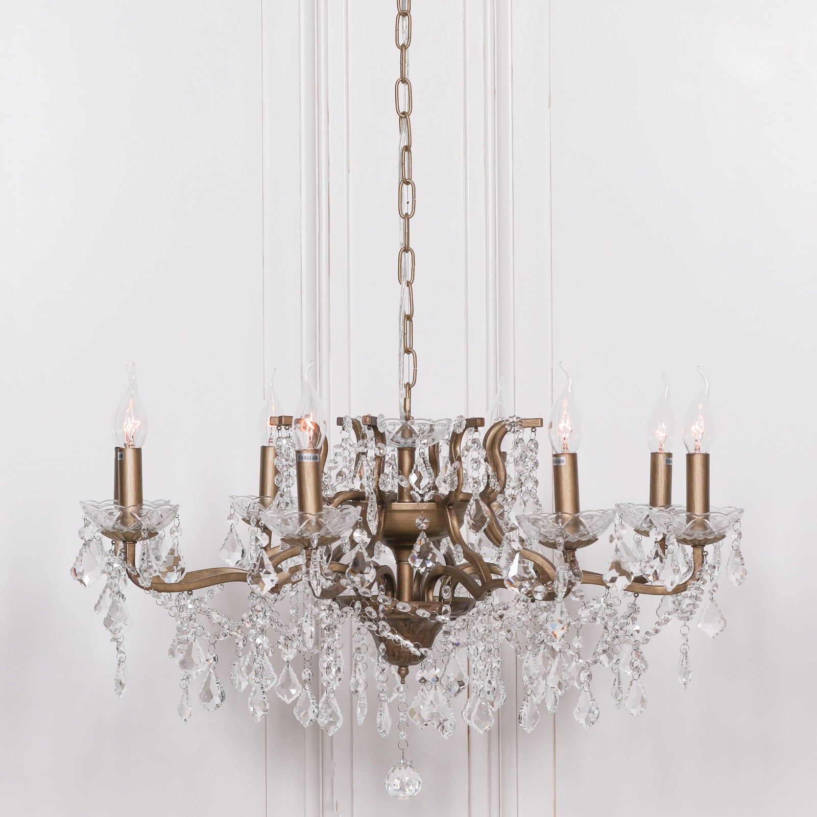 Antique Gold Colour Large 8 Arm French Style Shallow Cut Glass Chandelier