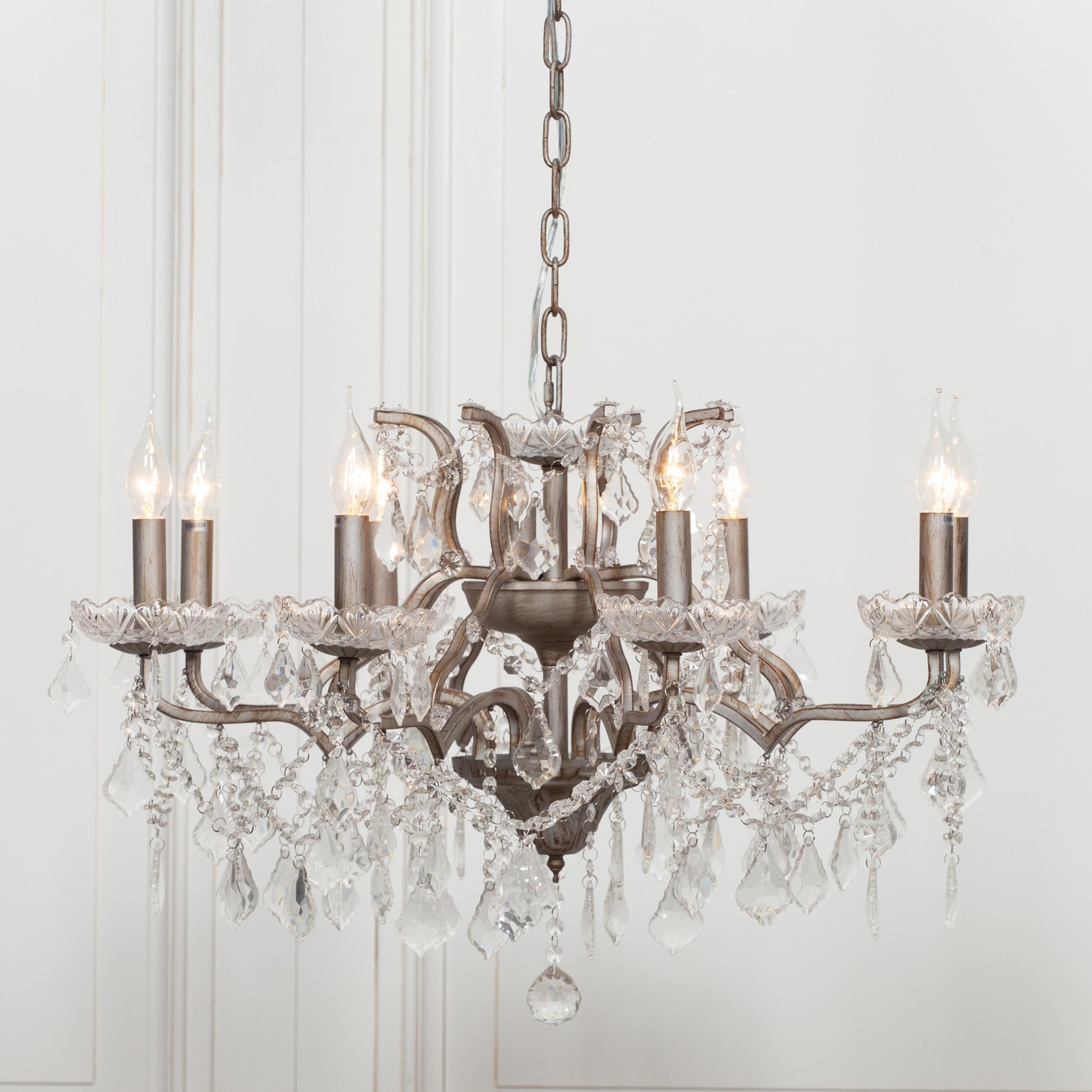 Antique Silver Colour Large 8 Arm French Style Shallow Cut Glass Chandelier