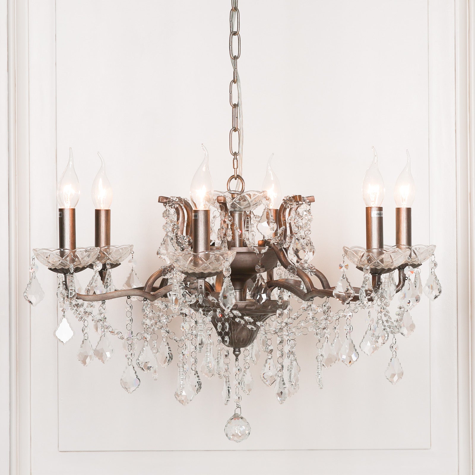 Antique Silver Colour 6 Arm French Style Shallow Cut Glass Chandelier