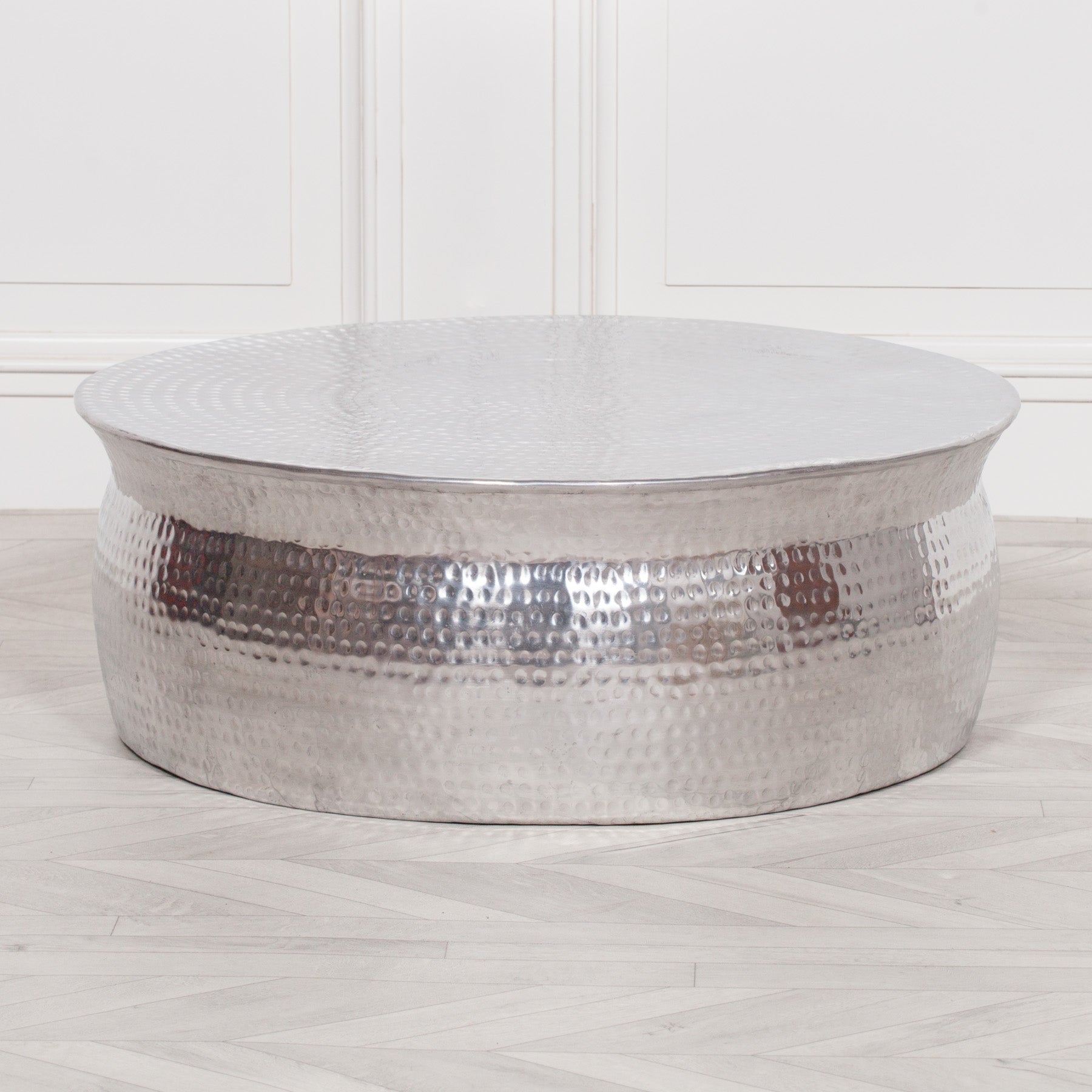Chrome Silver Colour Low Hammered Aluminium Round Drum Coffee Table