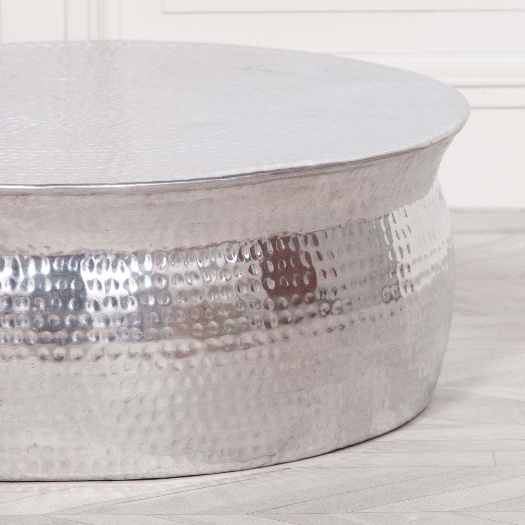 Chrome Silver Colour Low Hammered Aluminium Round Drum Coffee Table