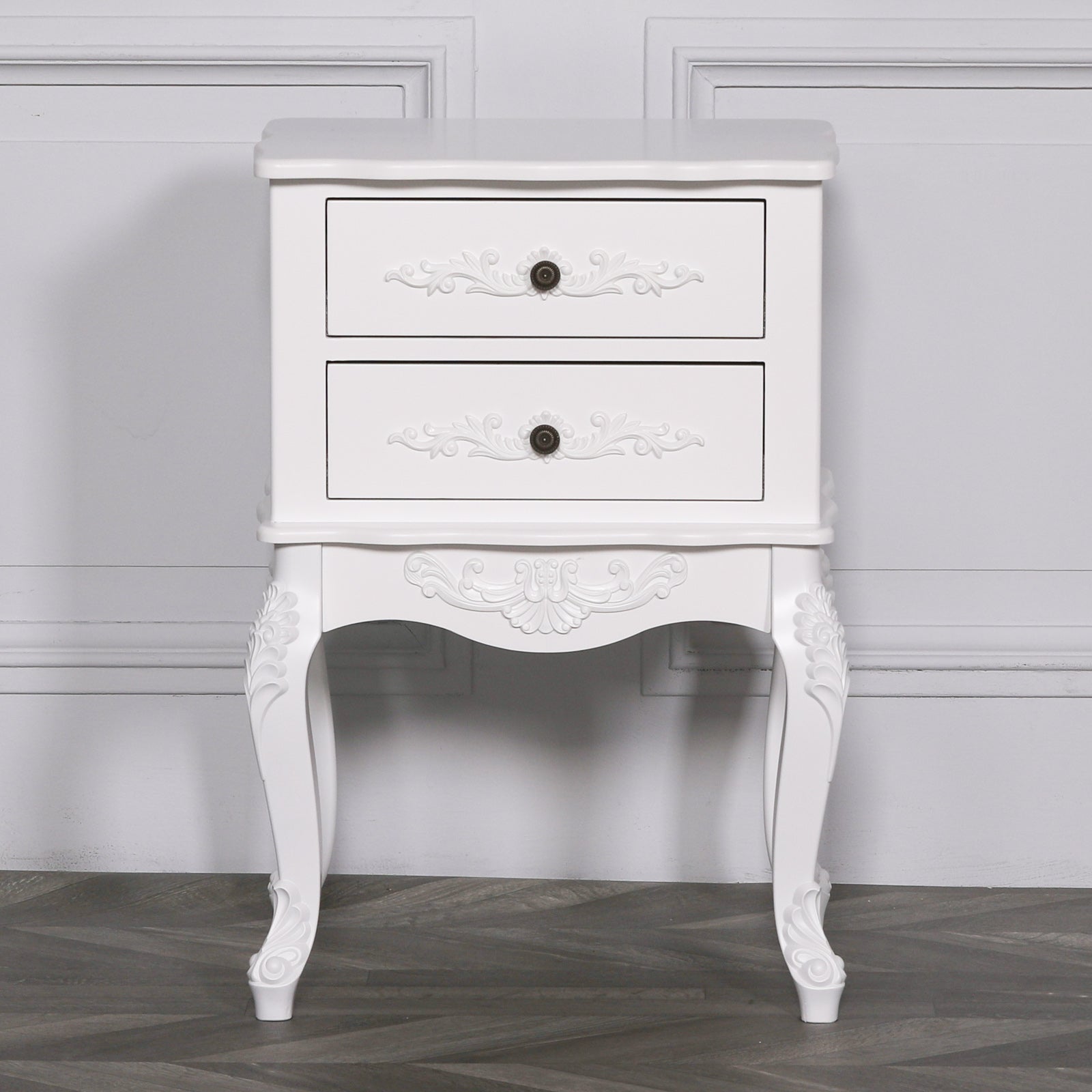 French Chateau Style Carved Wood White Colour Bedside with 2 Drawers