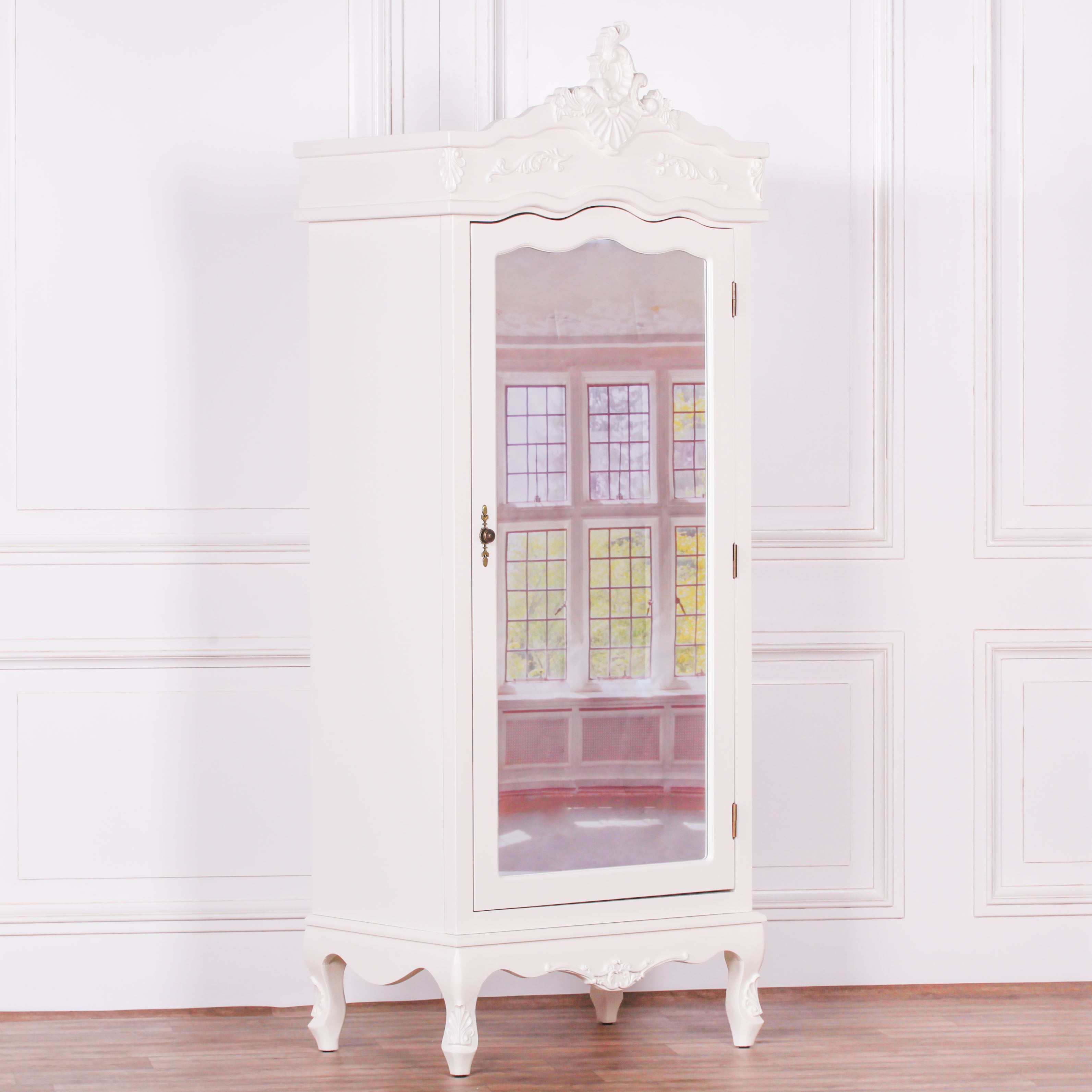 French Rococo Style Hardwood Armoire With Mirrors and Drawers in Cream Colour