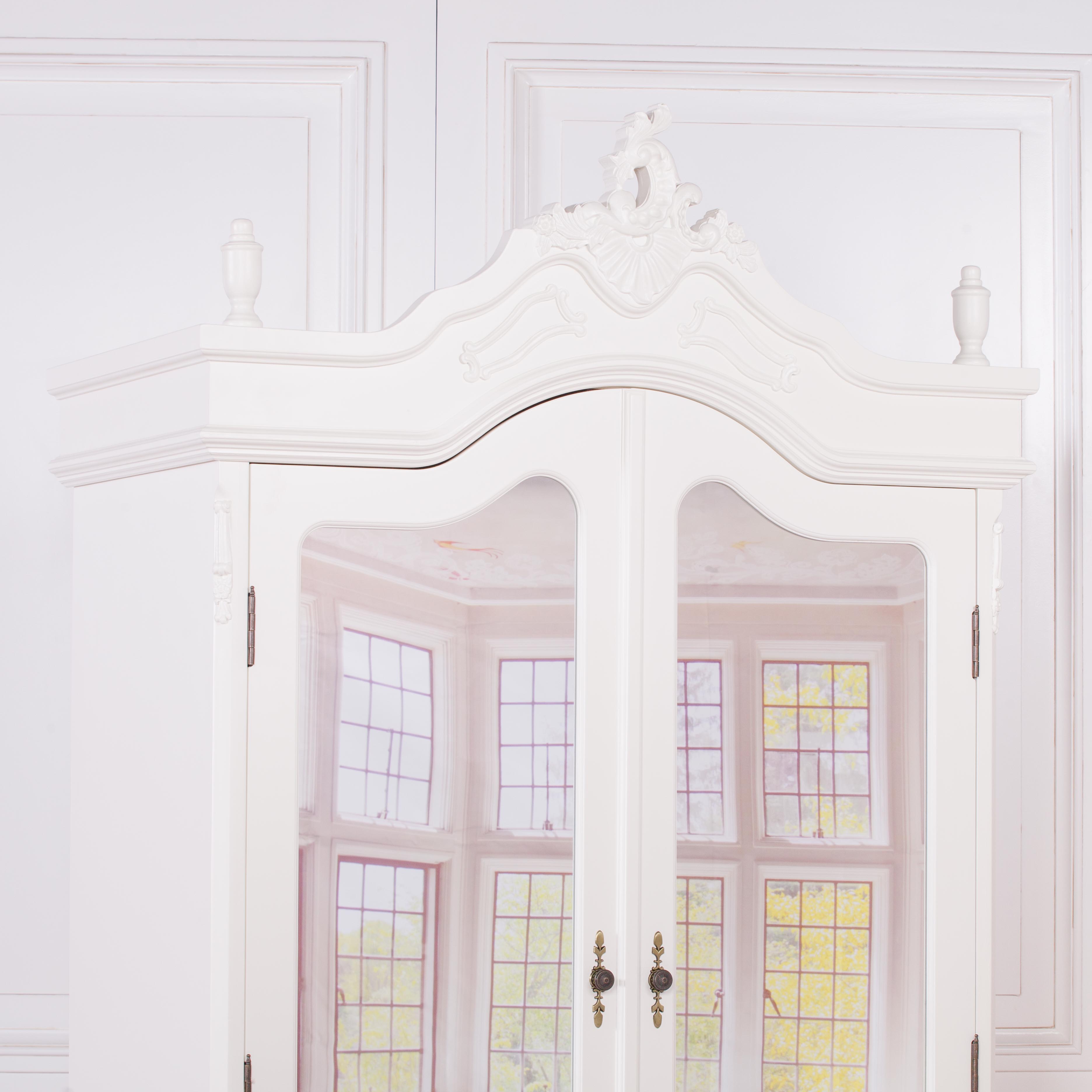 Large Double Size French Shabby Chic Style Carved Hardwood Armoire With Mirrors in Cream Colour