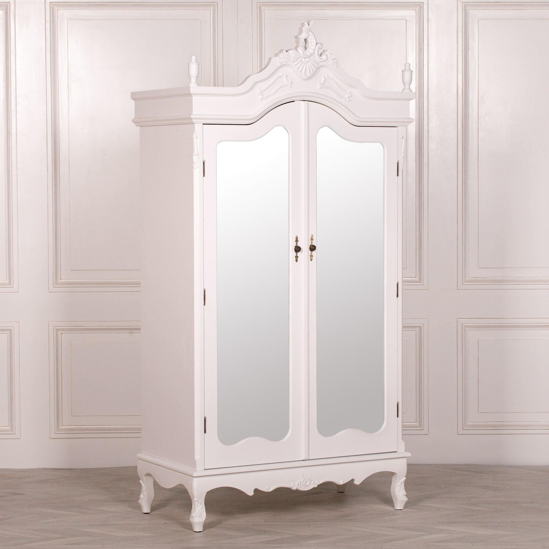 Large Double Size French Shabby Chic Style Carved Hardwood Armoire With Mirrors in White Colour
