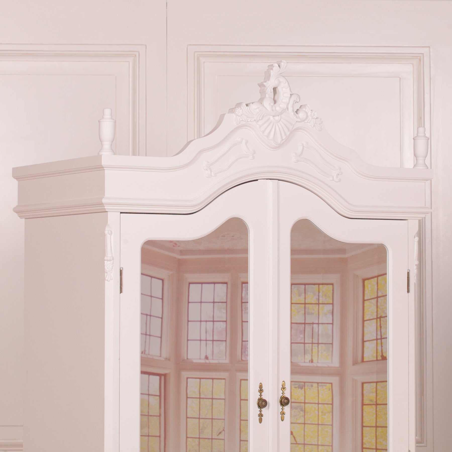 Large Double Size French Shabby Chic Style Carved Hardwood Armoire With Mirrors in White Colour