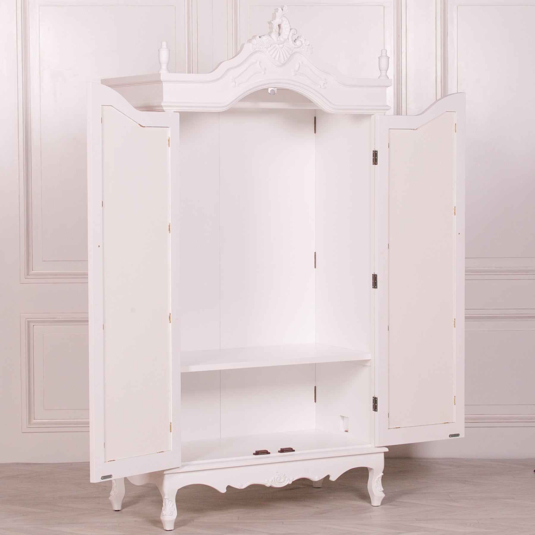 Large Double Size French Shabby Chic Style Carved Hardwood Armoire With Mirrors in White Colour