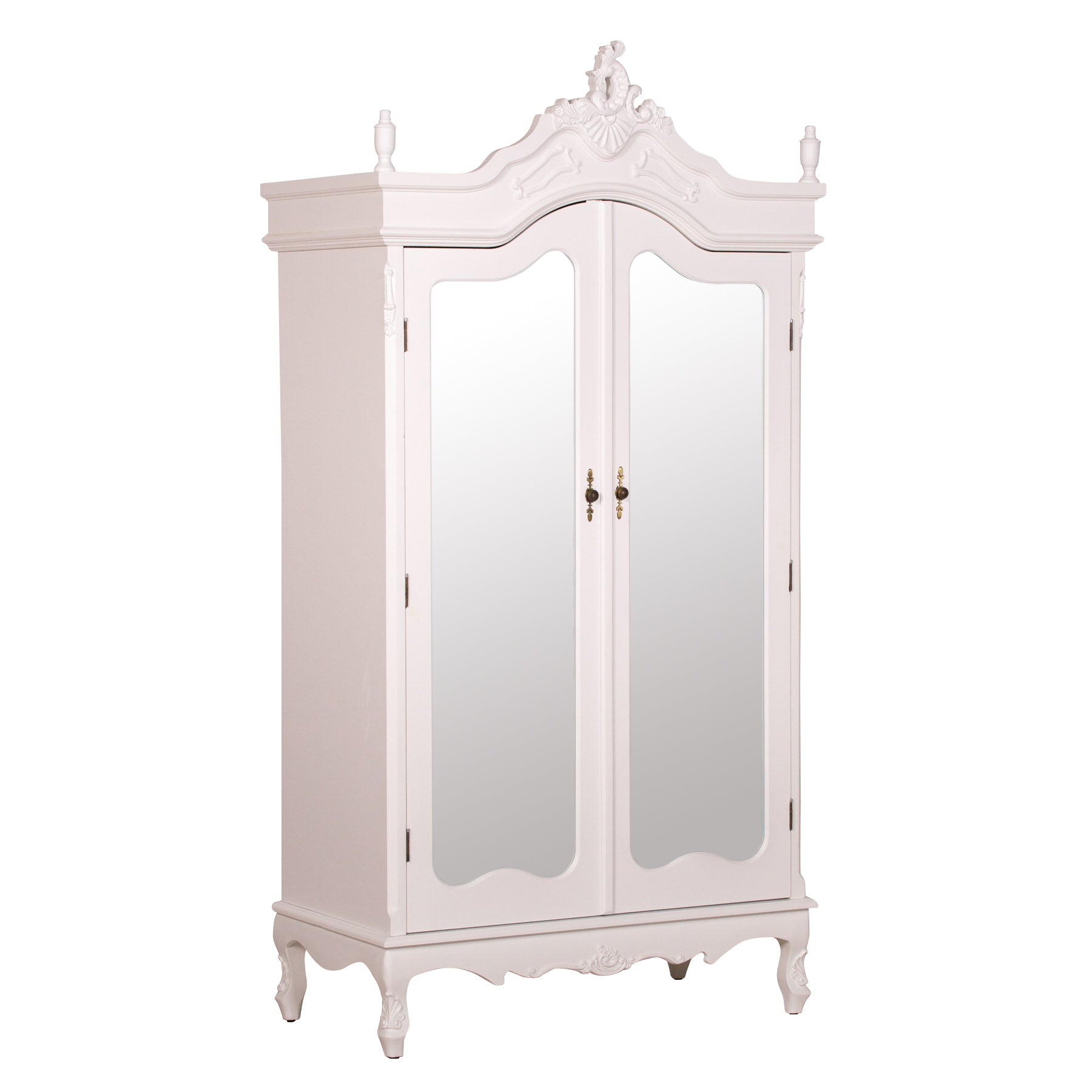 Large Double Size French Shabby Chic Style Carved Hardwood Armoire With Mirrors in White Colour