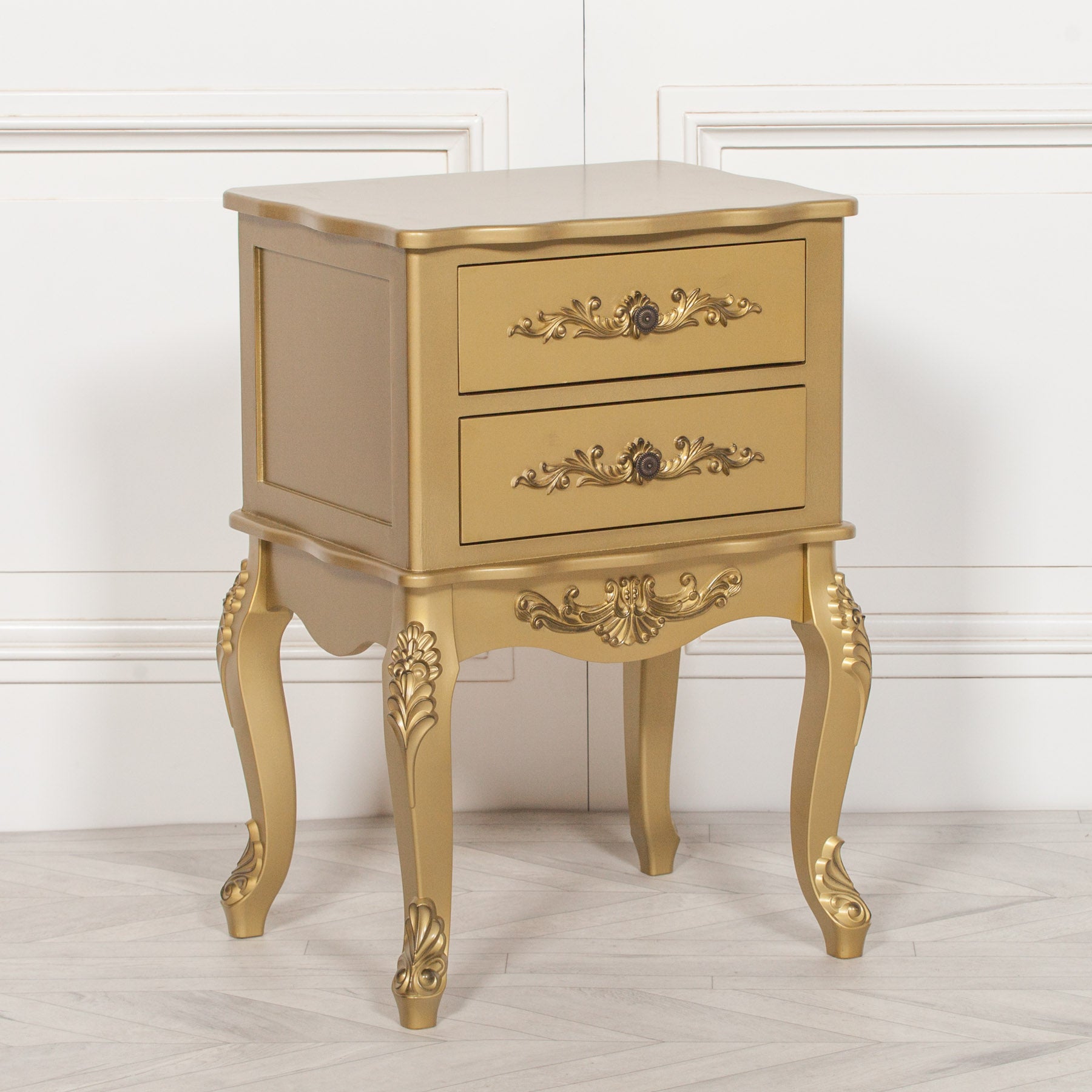 French Shabby Chic Style Antique Gold Colour Carved 2 Drawer Bedside