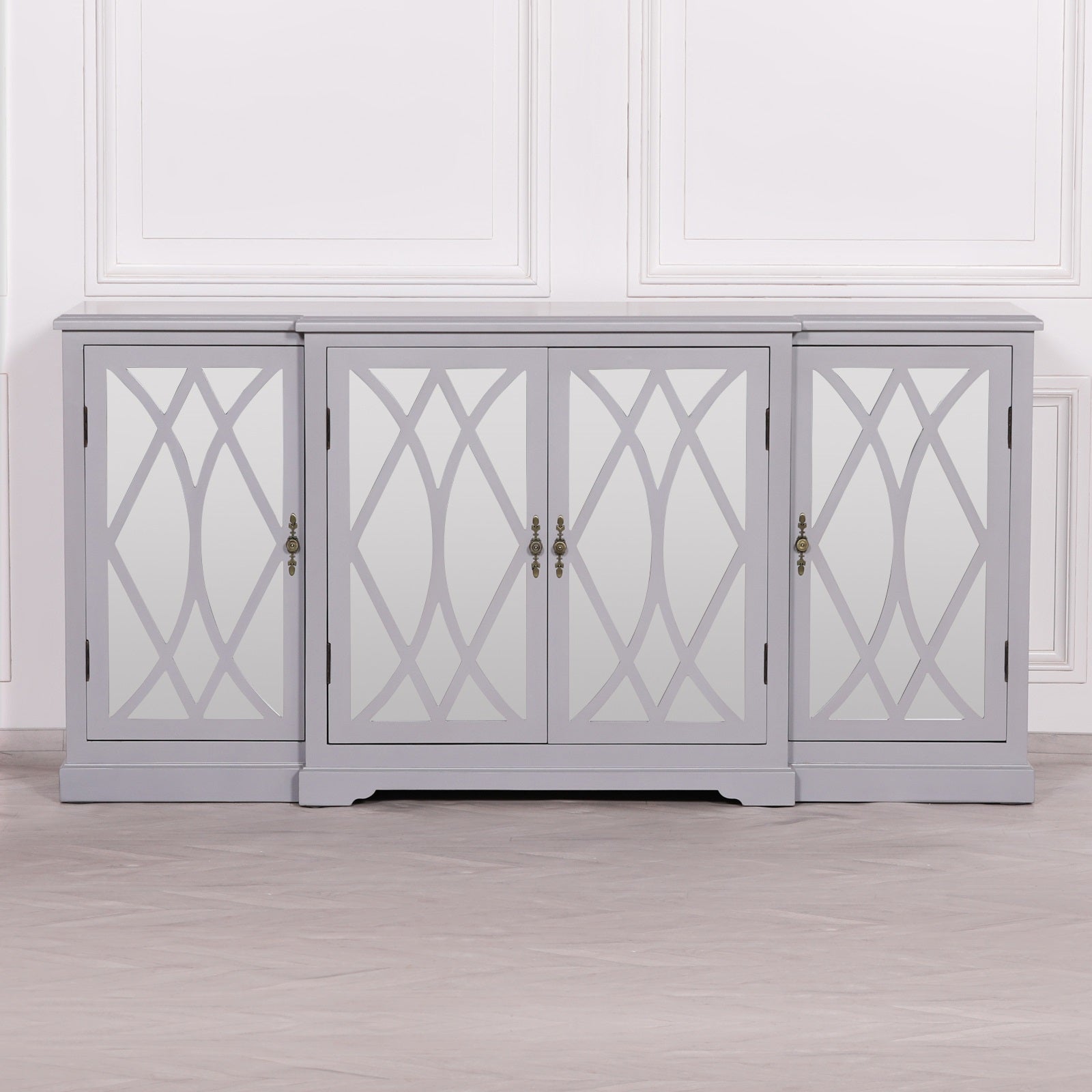 Colonial Style Breakfront Wooden Grey Painted 4 door Mirrored Buffet Sideboard