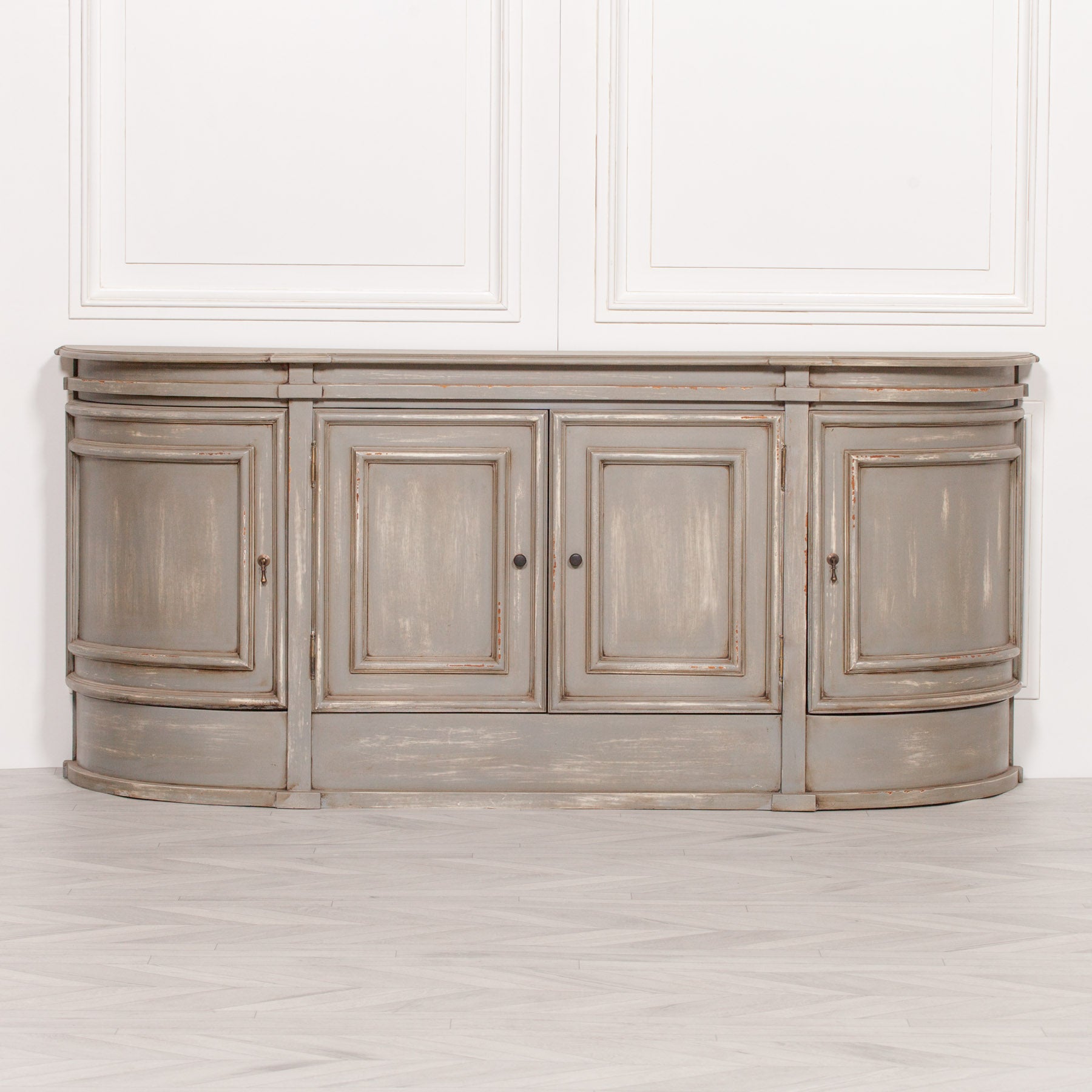 Large French Style Distressed Grey Wooden Sideboard with Four Doors