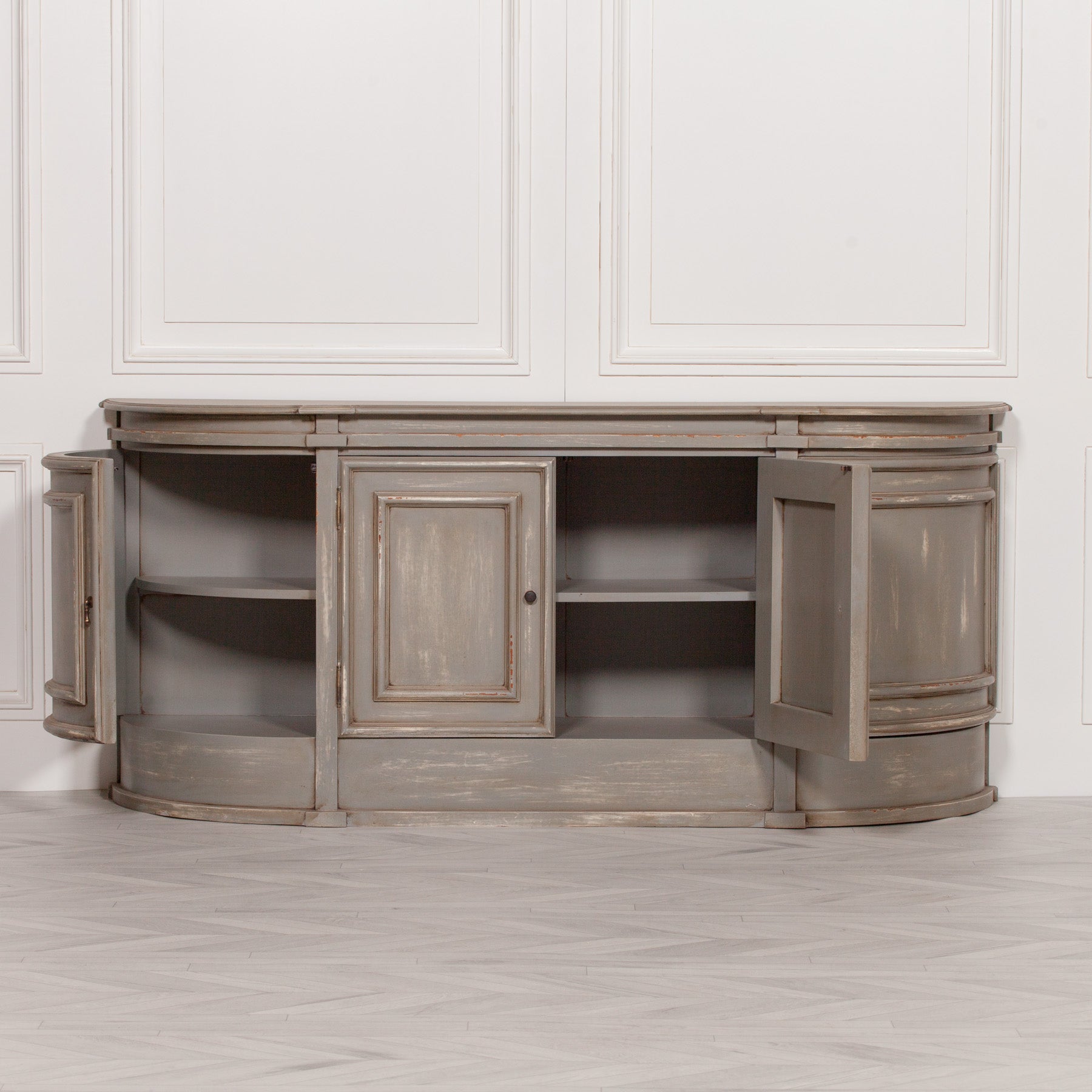 Large French Style Distressed Grey Wooden Sideboard with Four Doors