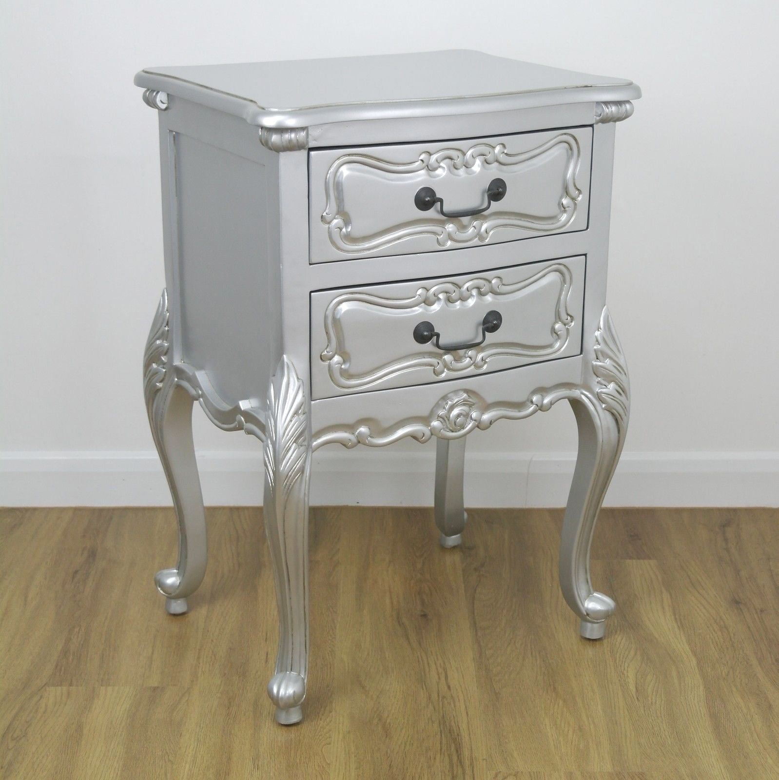 French Rococo Style Silver Colour 2 Drawer Carved Bedside Table
