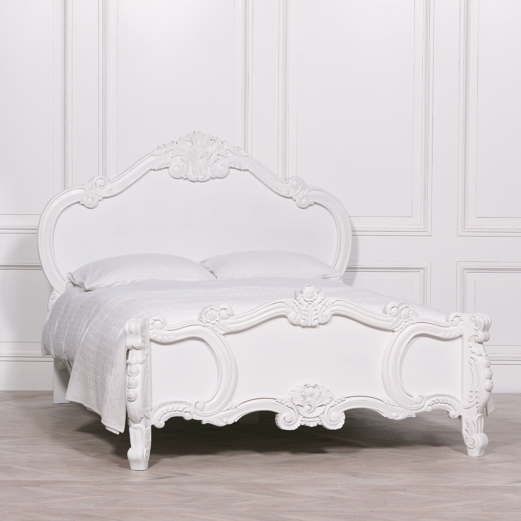 French Shabby Chic Style Carved Rose Cherub Double Size 4ft6 Bed in White Colour