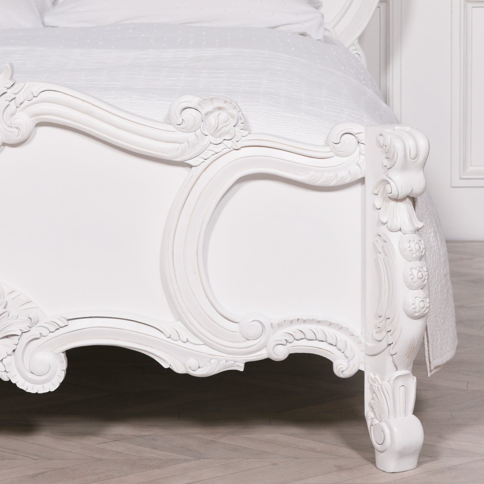 French Shabby Chic Style Carved Rose Cherub King Size 5ft Bed in White Colour