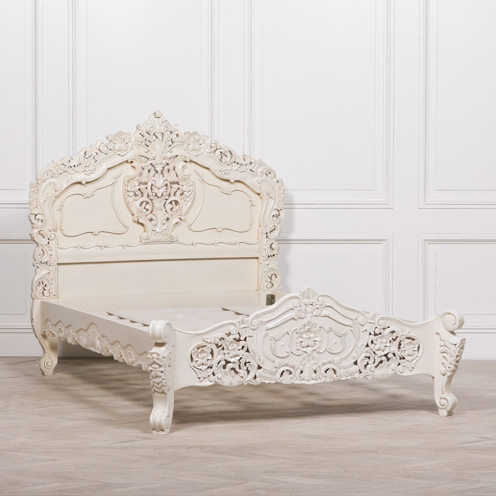 Rococo Style Carved 4ft6 Double Size Mahogany Wood White Colour Painted Bed