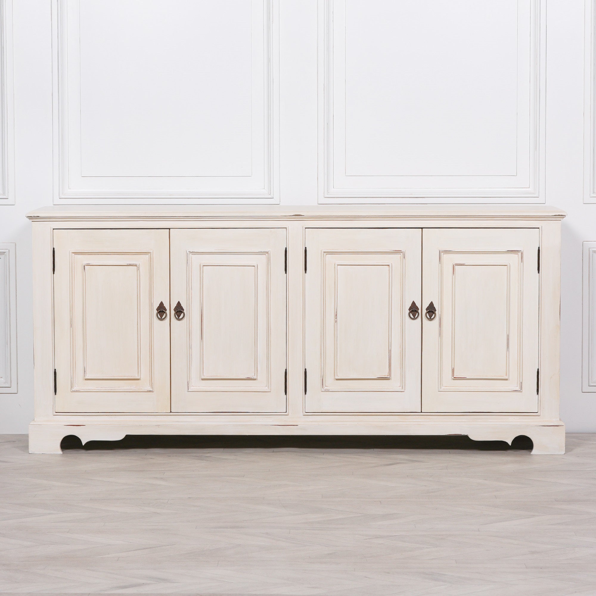 Classical Country Style Large Brush Distressed Effect Painted White Cabinet Sideboard