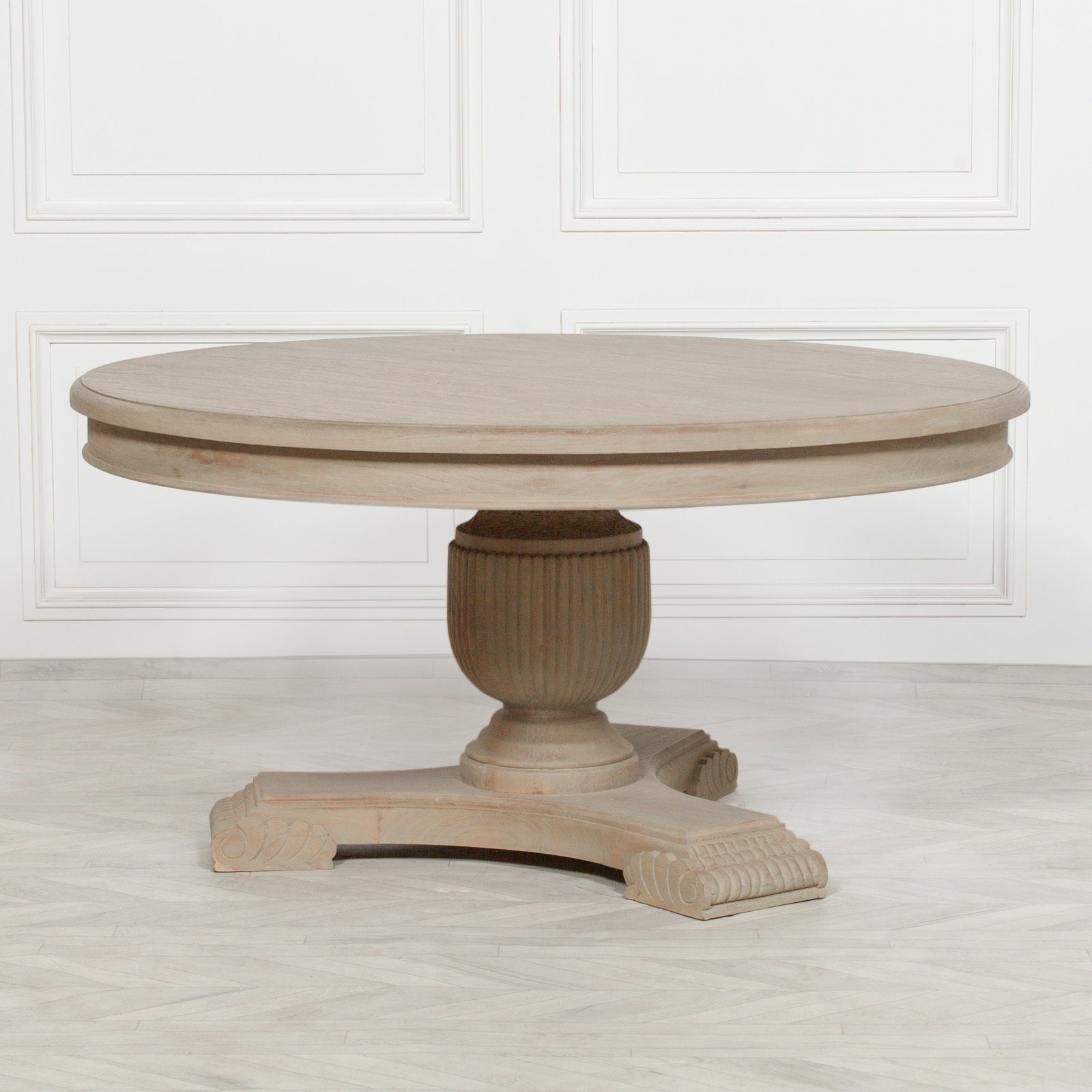 Rustic Greek Style Carved Hardwood Washed Effect Large 150cm Round Pedestal Dining Table