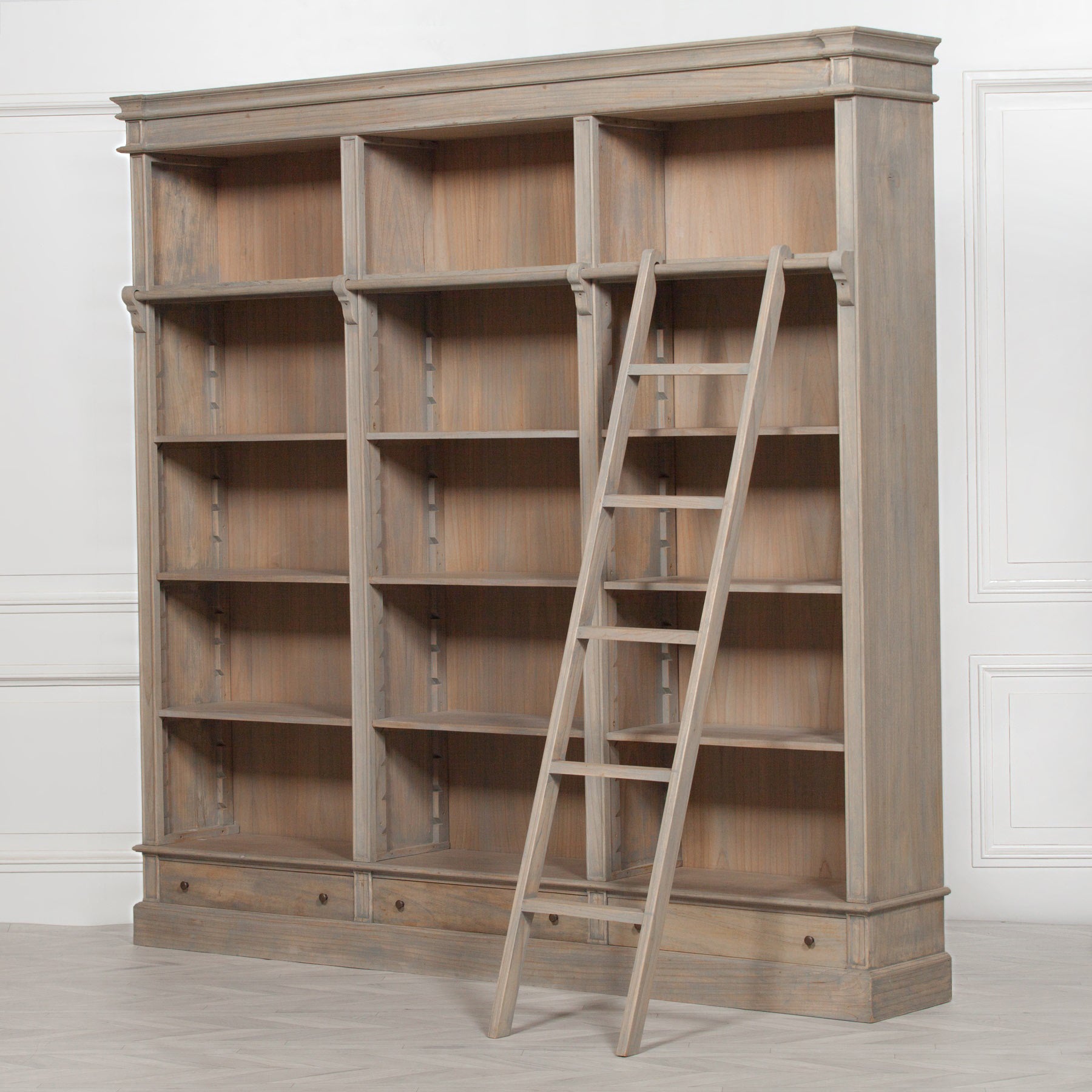 Classical French Style Solid Wood Extra Large Triple Open Bookcase with Ladder