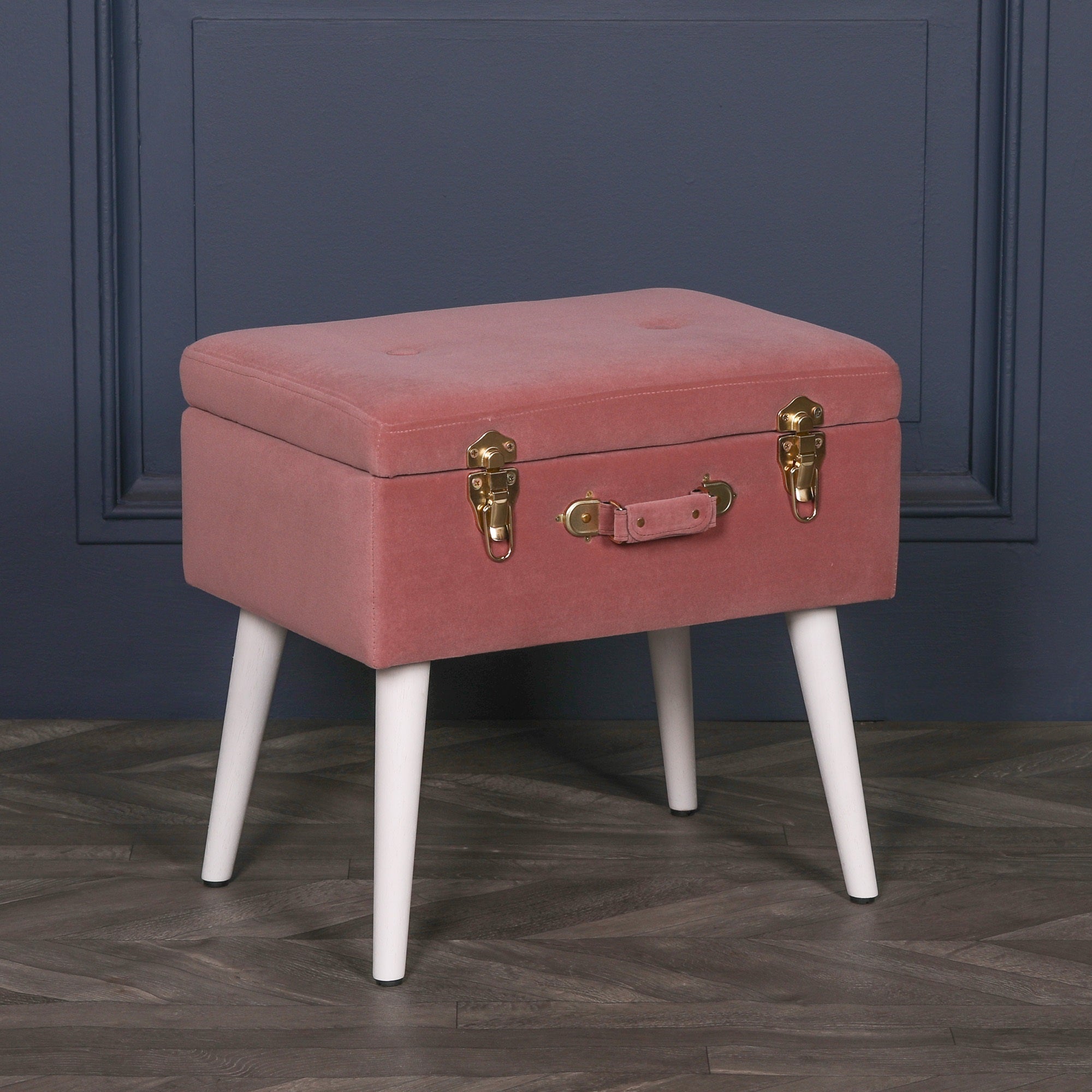 Art Deco Style Pink Velvet Suitcase Stool with White Legs
