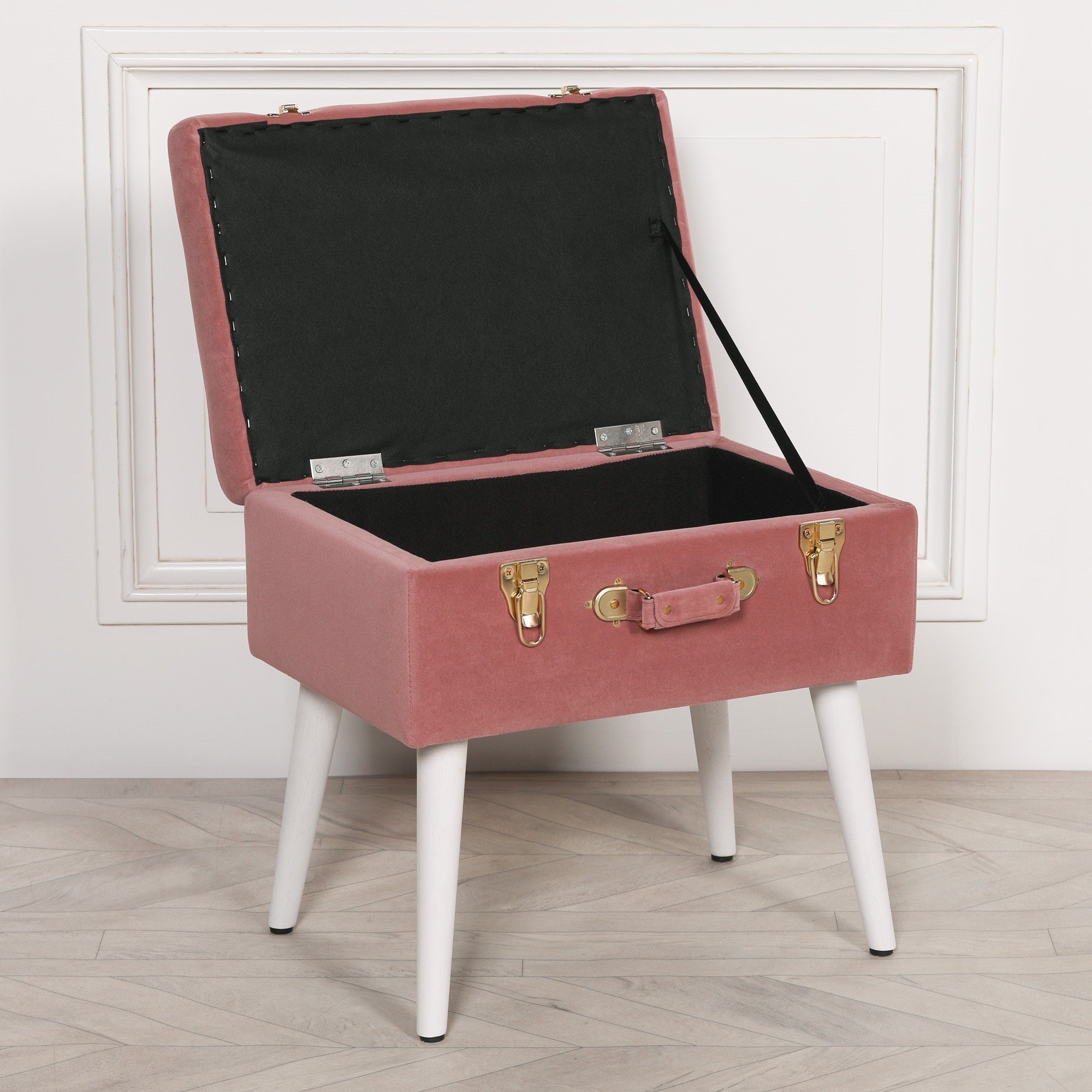 Art Deco Style Pink Velvet Suitcase Stool with White Legs