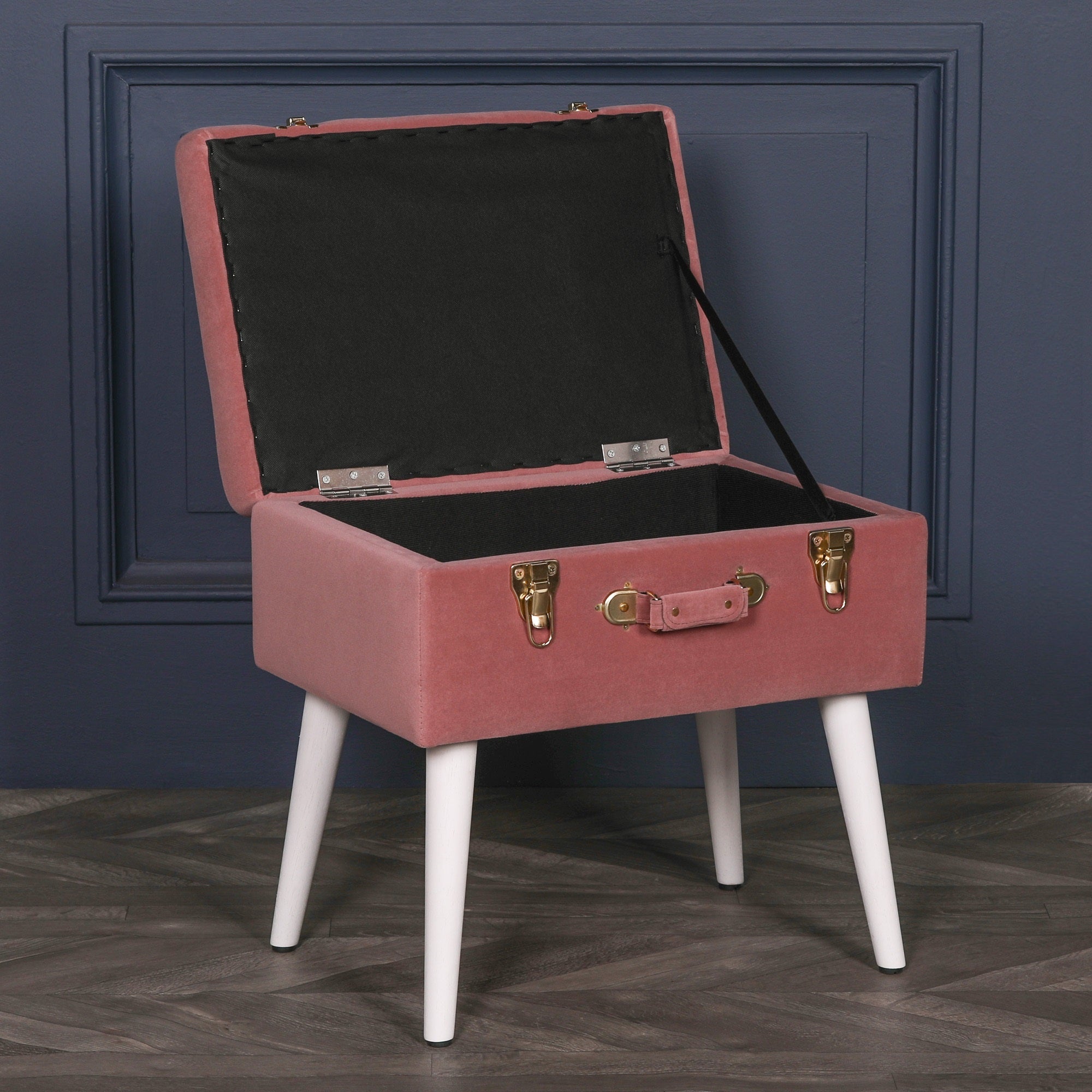 Art Deco Style Pink Velvet Suitcase Stool with White Legs